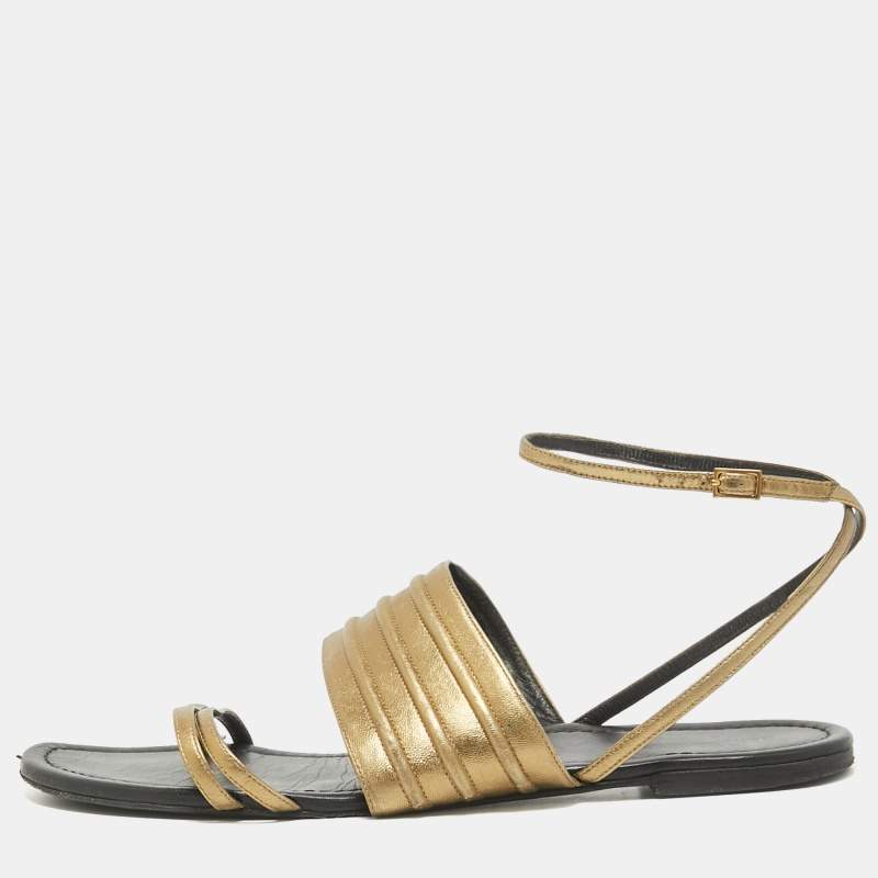 Saint Laurent Gold Leather Ankle Strap Flats Size 41