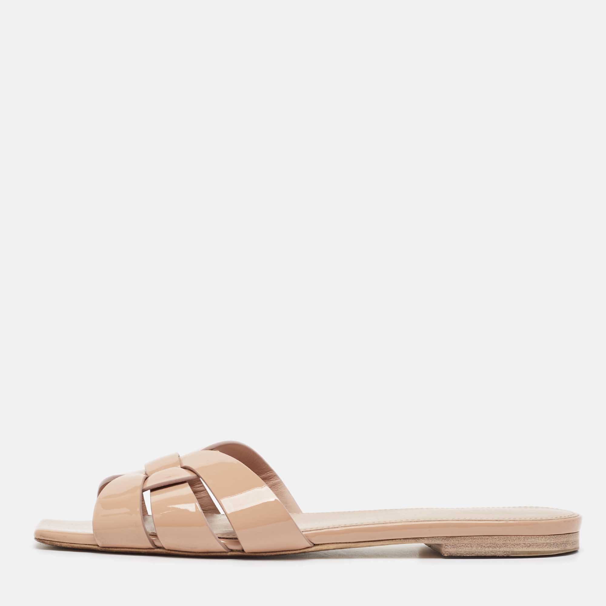 Saint Laurent Beige Patent Leather Tribute Flat Slides Size 36.5