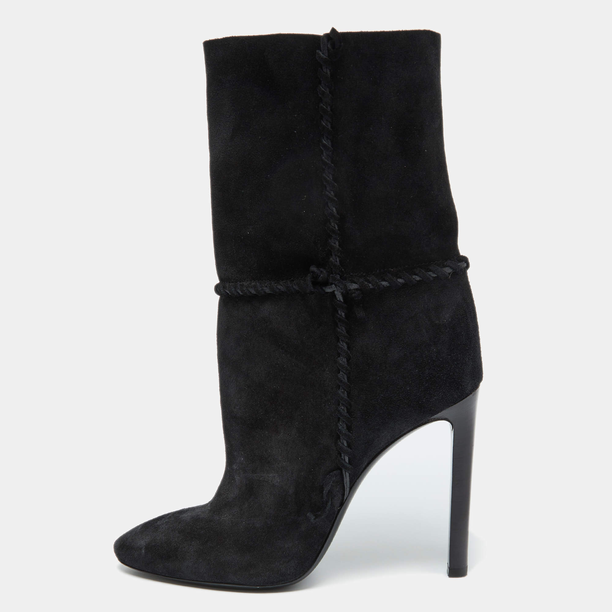 Pre Owned Saint Laurent Black Suede Mid Calf Boots Size 39.5