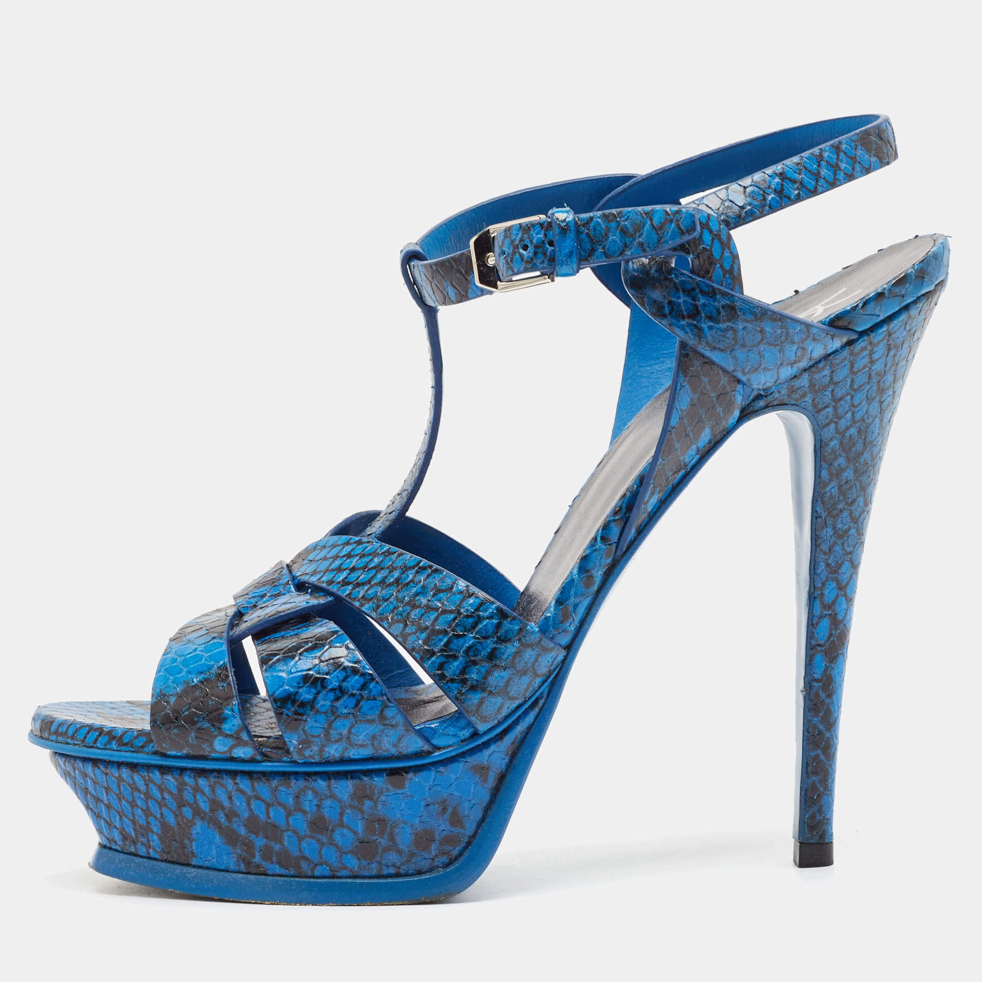 Saint Laurent Blue/Black Embossed Snakeskin Tribute Sandals Size 39.5