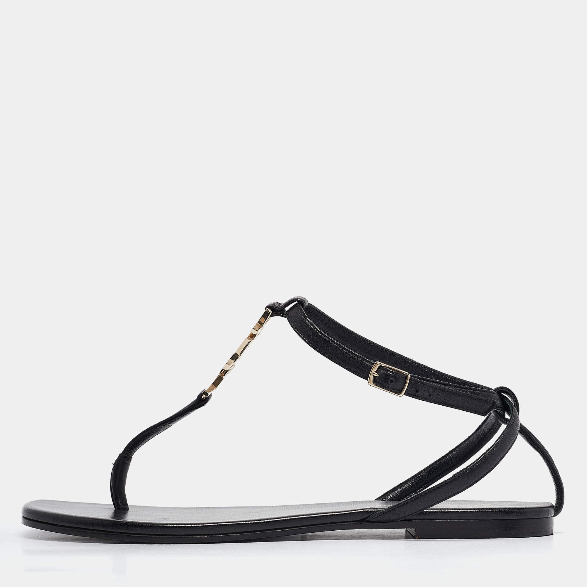 Saint Laurent Black Leather Monogram T Strap Flats Size 36.5