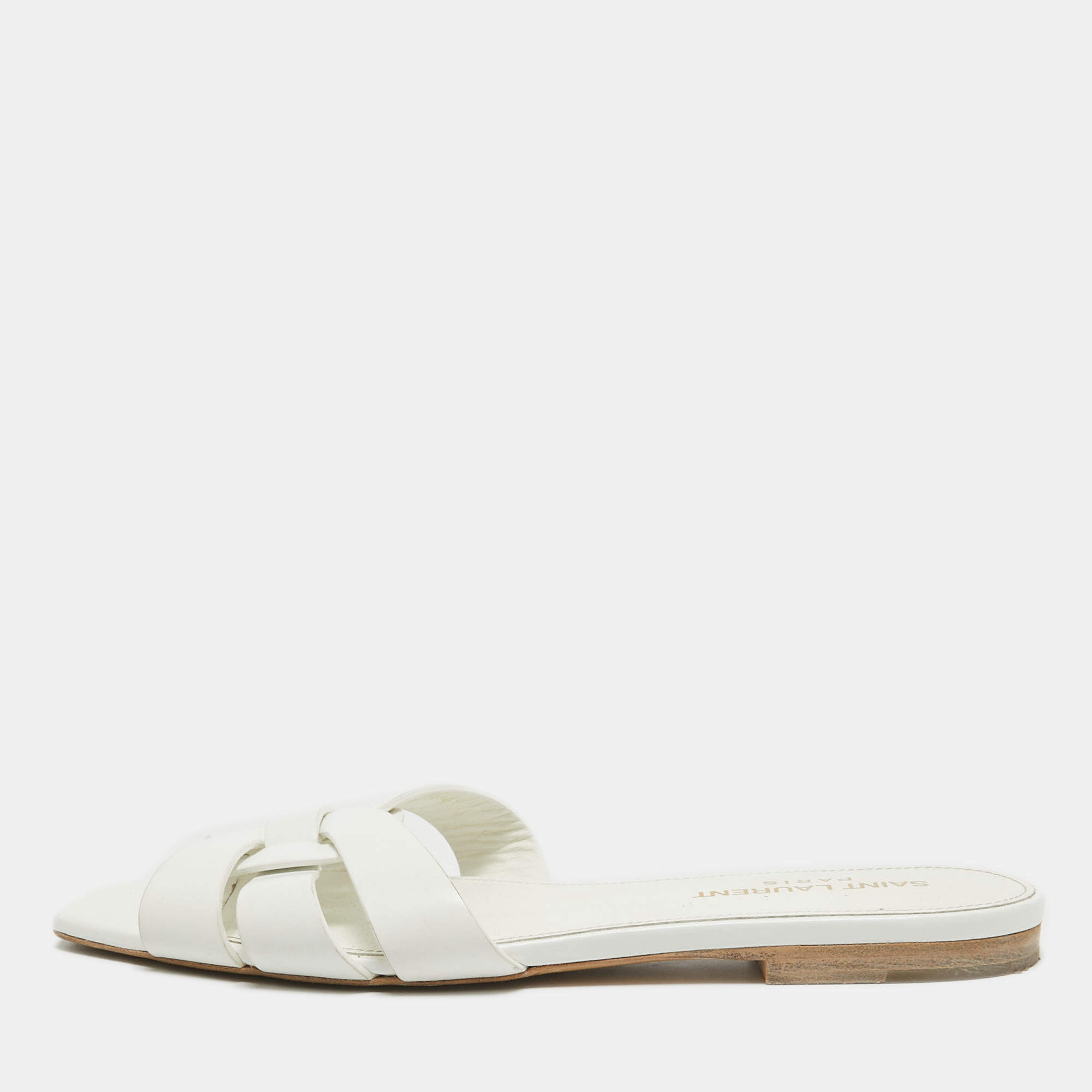 Saint Laurent White Leather Tribute Flat Slides Size 36