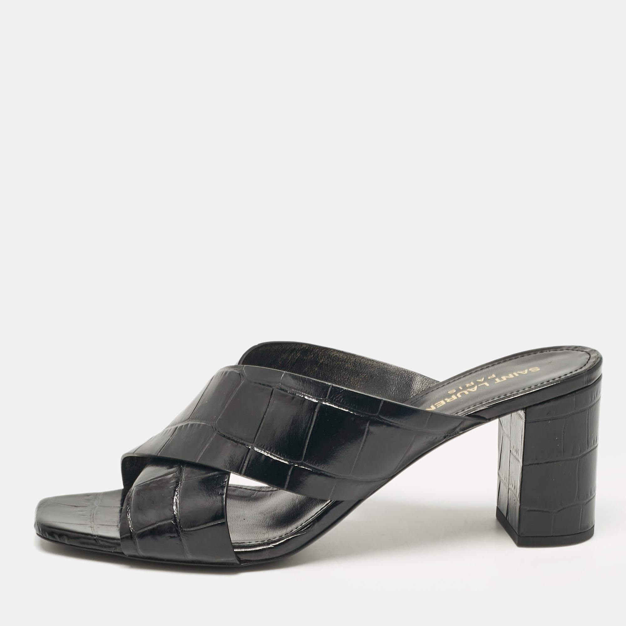 Saint Laurent Black Croc Embossed Leather Loulou Slide Sandals Size 38.5