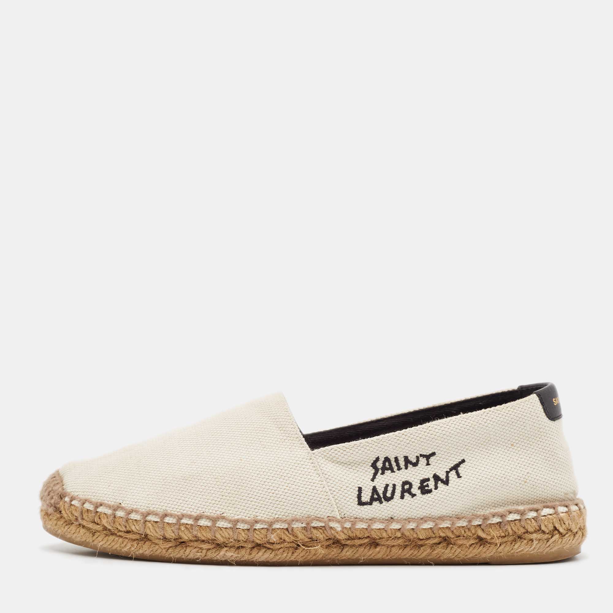 Saint Laurent Off White Canvas Logo Espadrille Flats Size 36.5