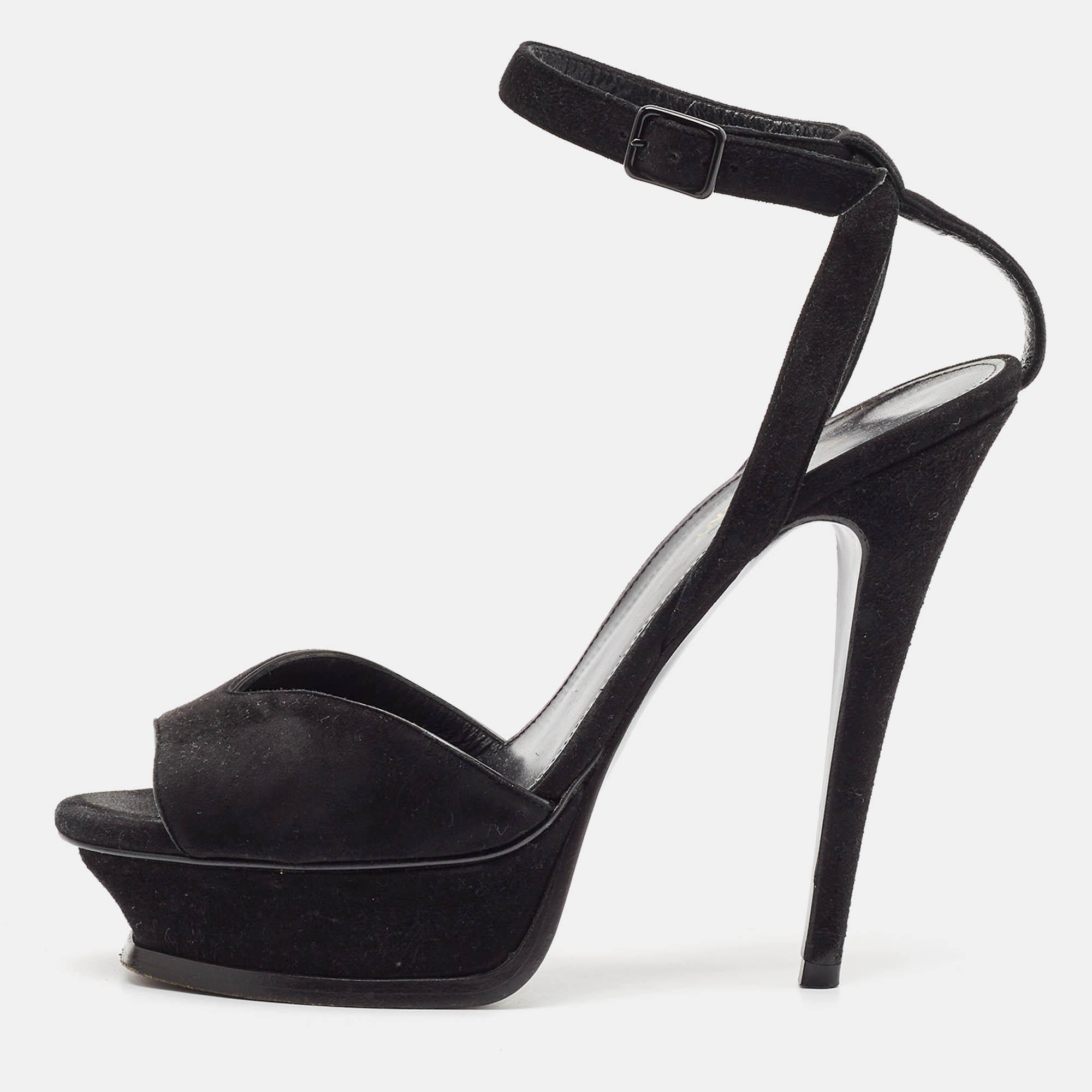 Saint Laurent Black Suede Ankle Strap Platform Sandals Size 37.5