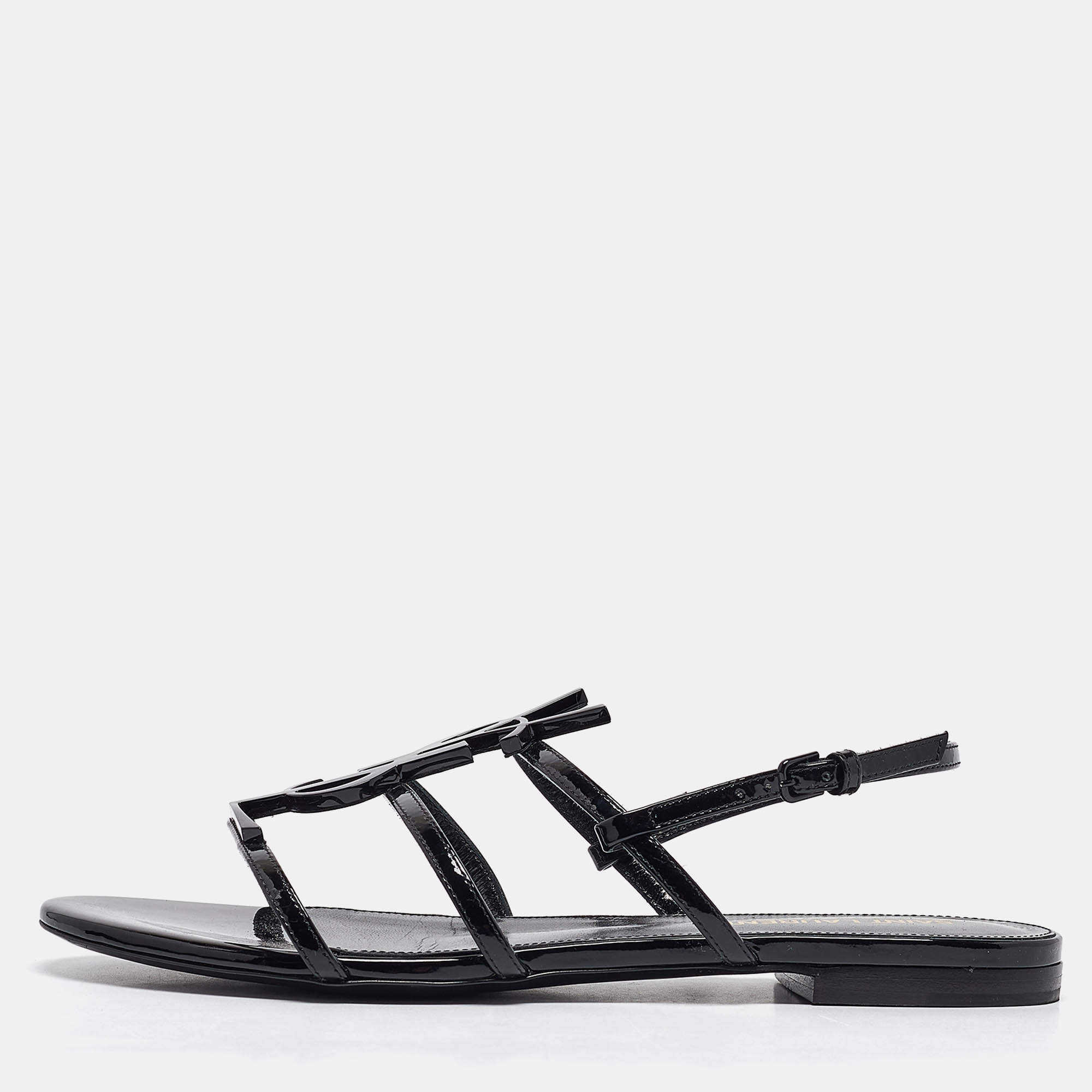 Saint Laurent Black Patent Leather Cassandra Flat Sandals