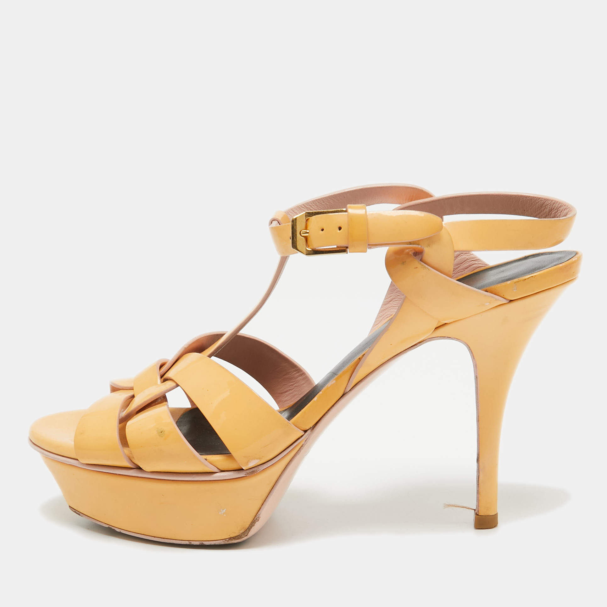 Saint Laurent Beige Patent Leather Tribute Platform Sandals Size 36