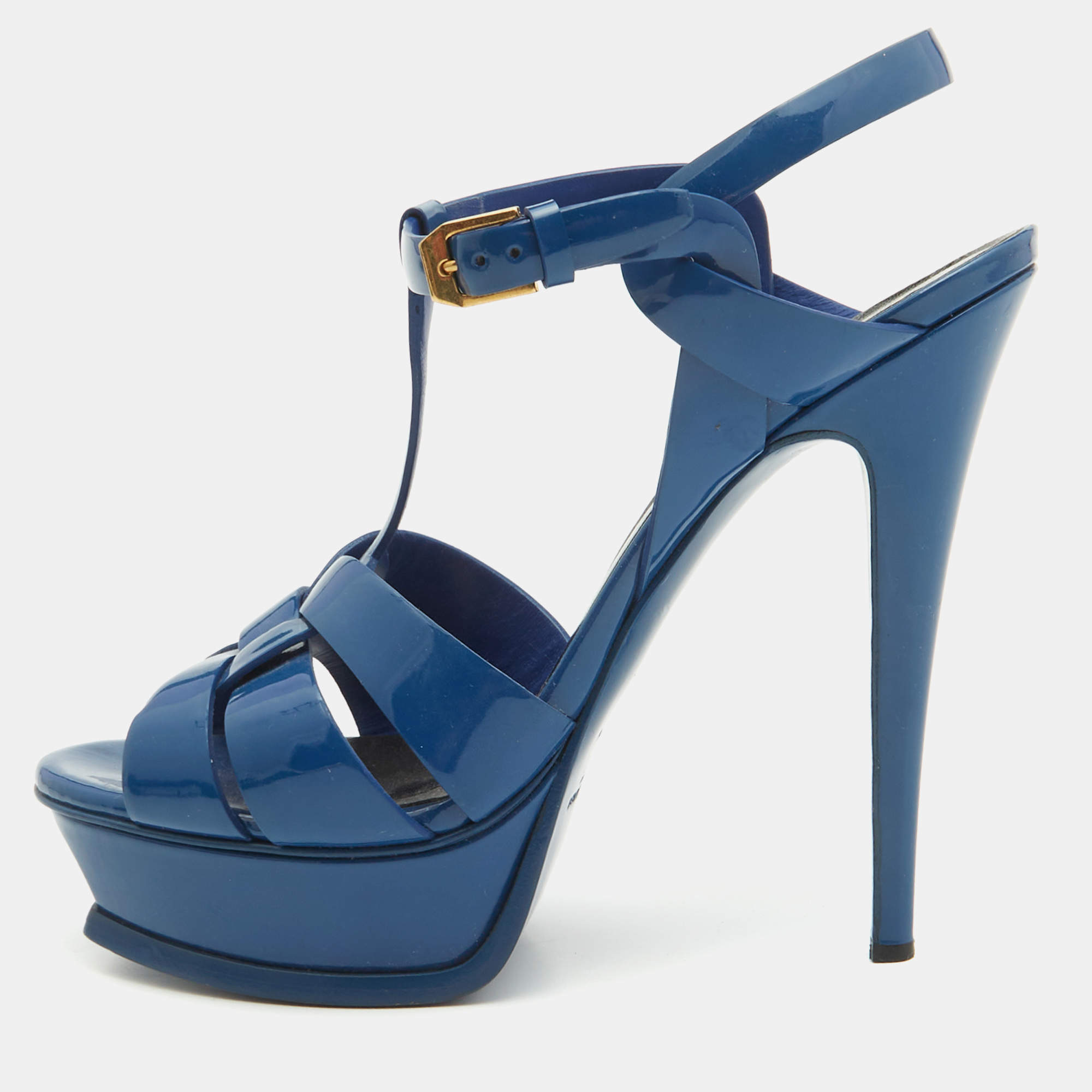 Saint Laurent Blue Patent Leather Tribute Platform Sandals Size 39