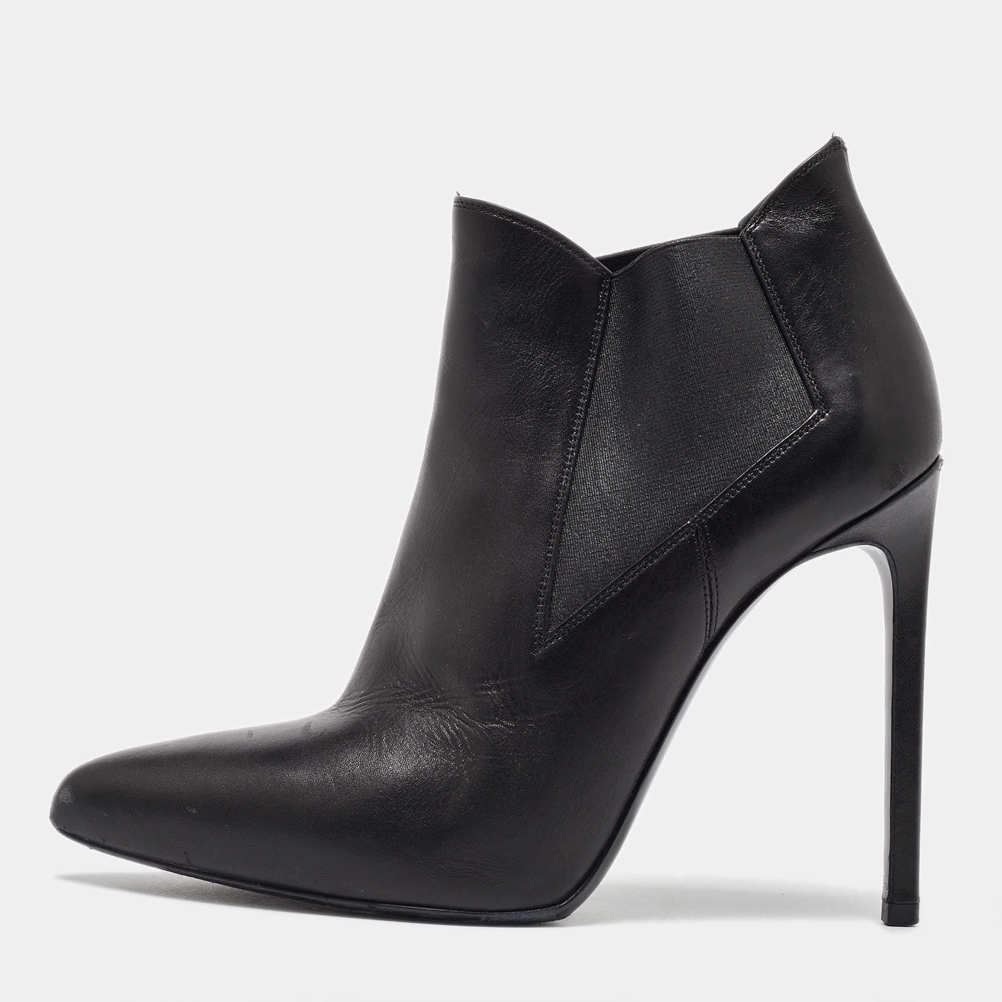 Saint Laurent Black Leather Pointed Toe Ankle Boots Size 37