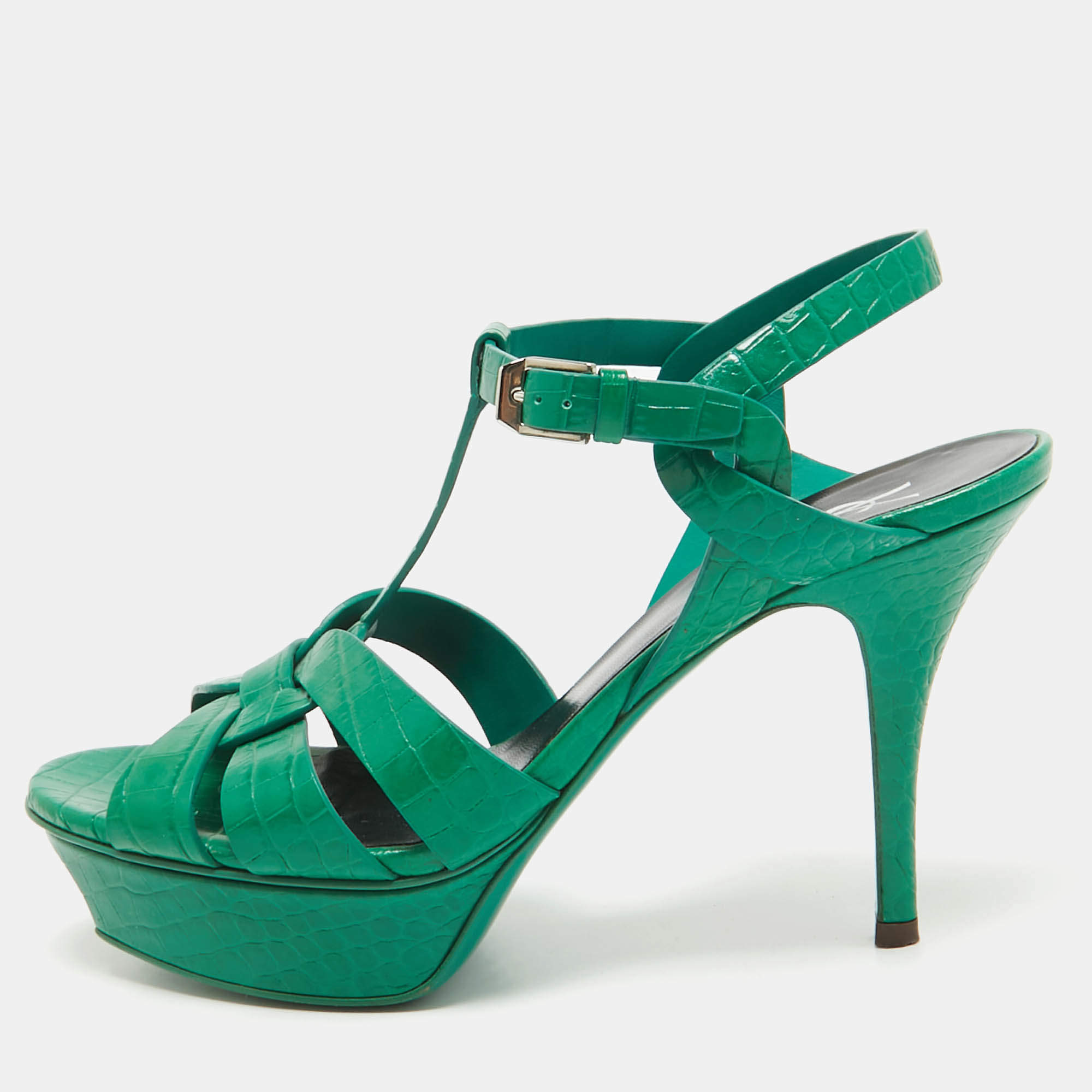 Saint Laurent Green Croc Embossed Leather Tribute Platform Sandals Size 37.5