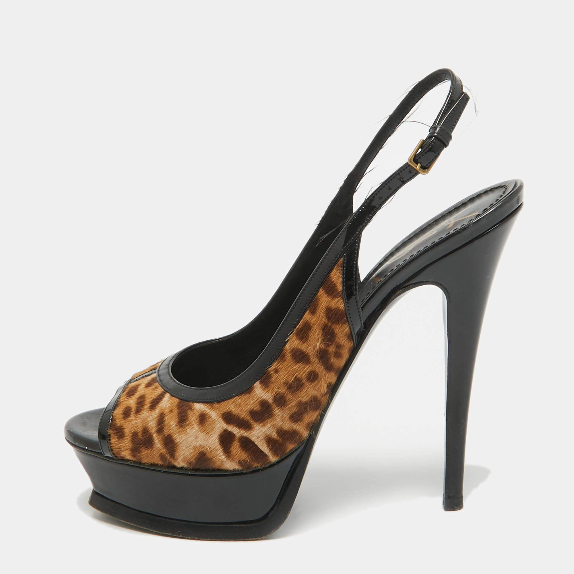 Saint Laurent Black/Brown Calf Hair and Patent Leather Peep Toe Pumps Size 37.5