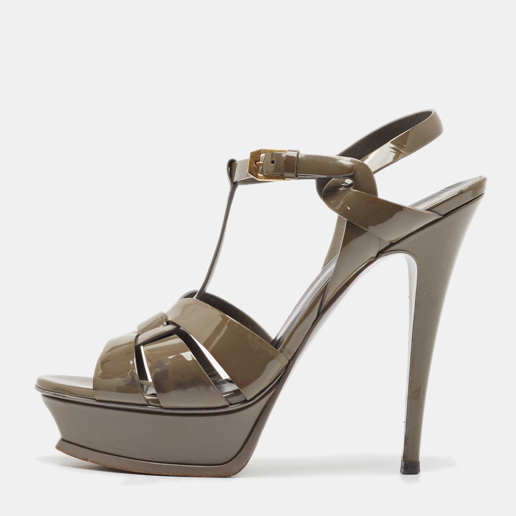 Saint Laurent Grey Patent Leather Tribute Platform Sandals Size 39.5