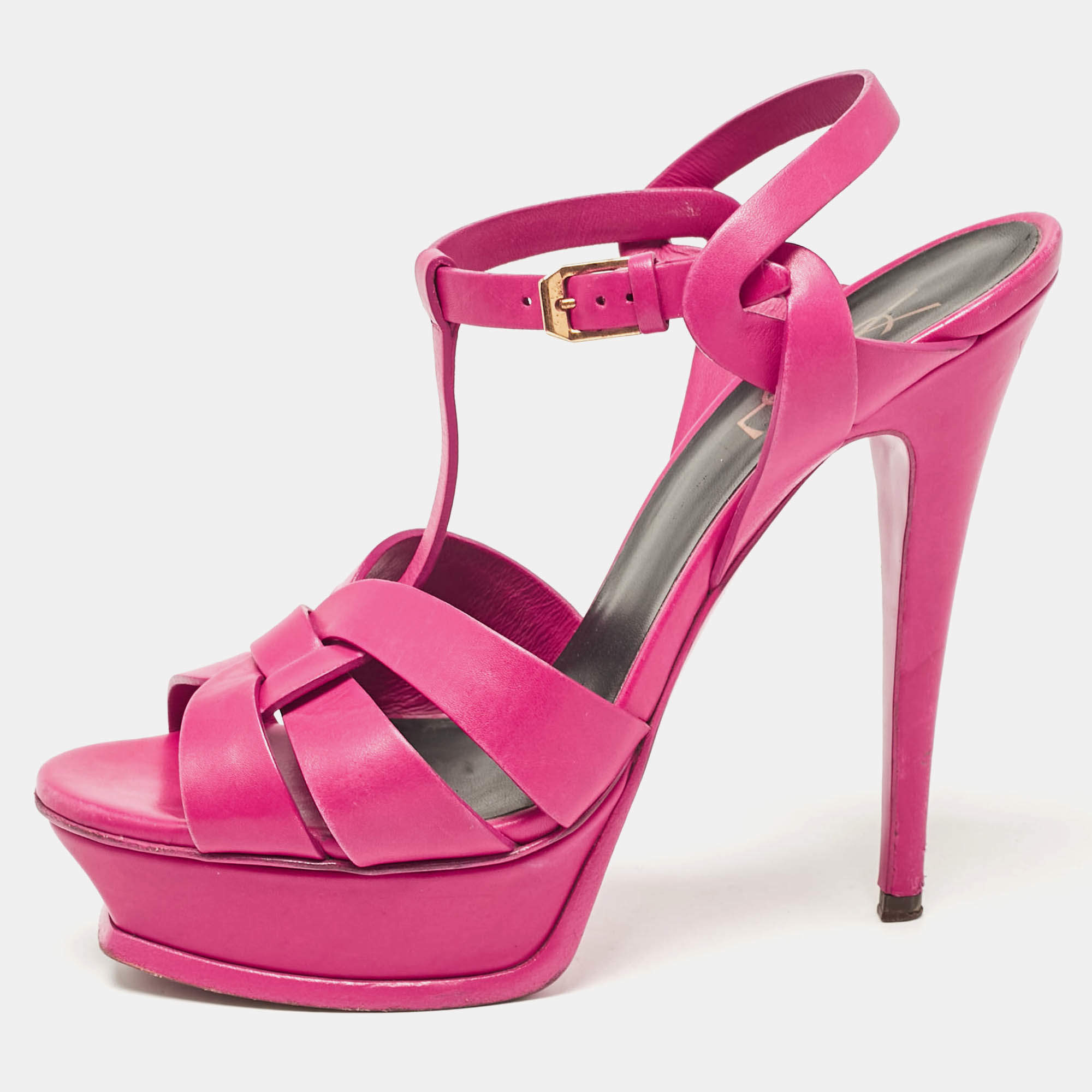 Pre Owned Saint Laurent Pink Leather Tribute Platform Sandals Size 39