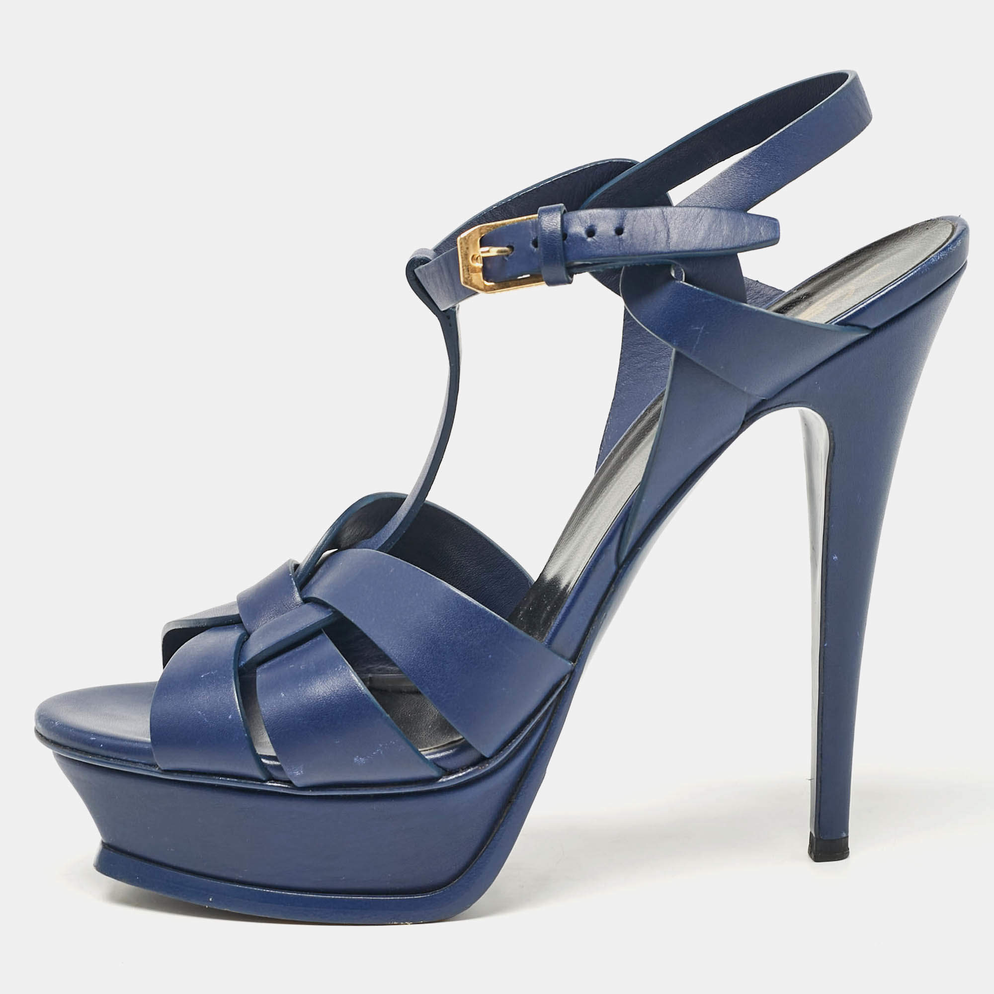 Pre Owned Saint Laurent Navy Blue Leather Tribute Platform Sandals Size 39.5