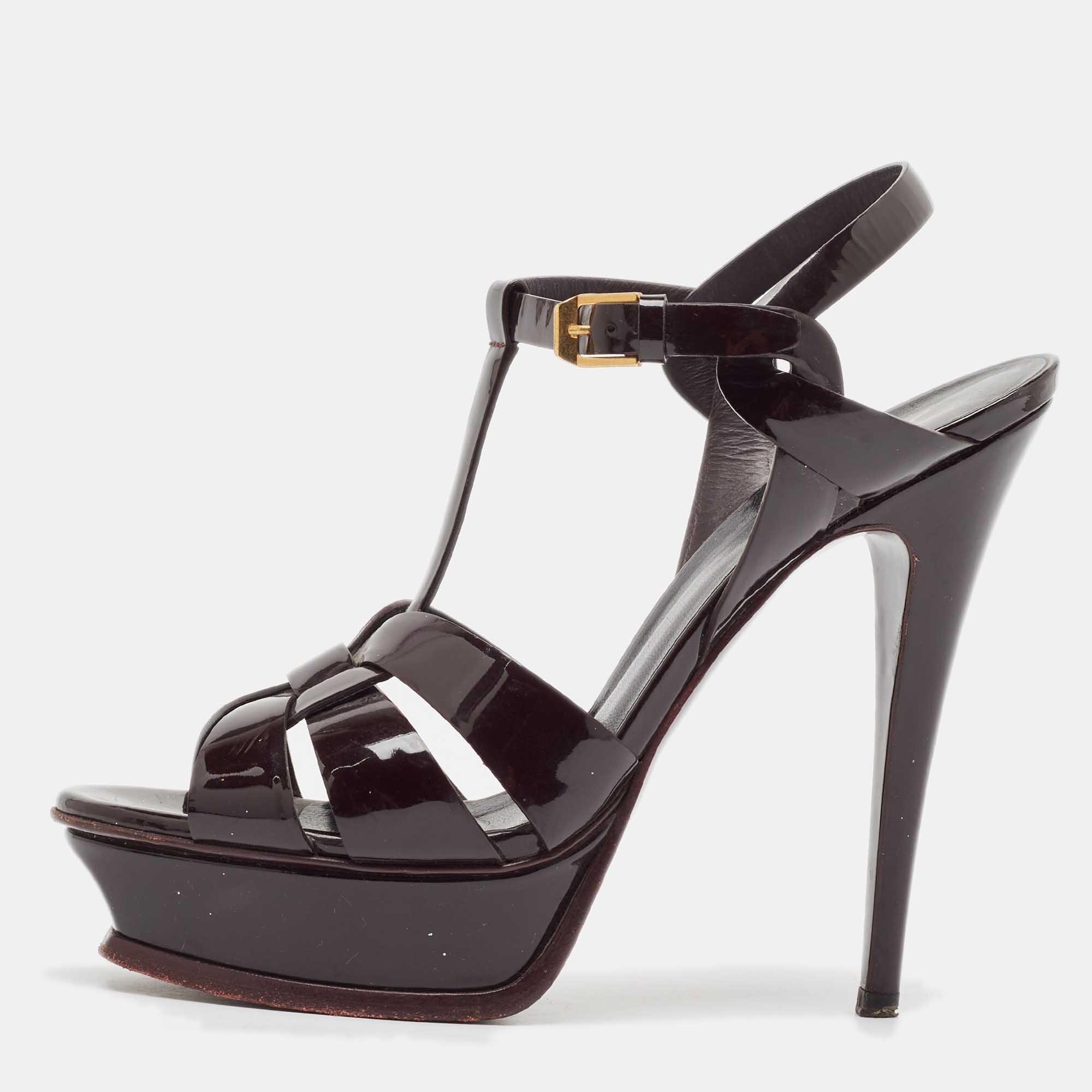 مملوكة مسبقًا Saint Laurent Dark Burgundy Patent Leather Tribute Platform Sandals Size 39