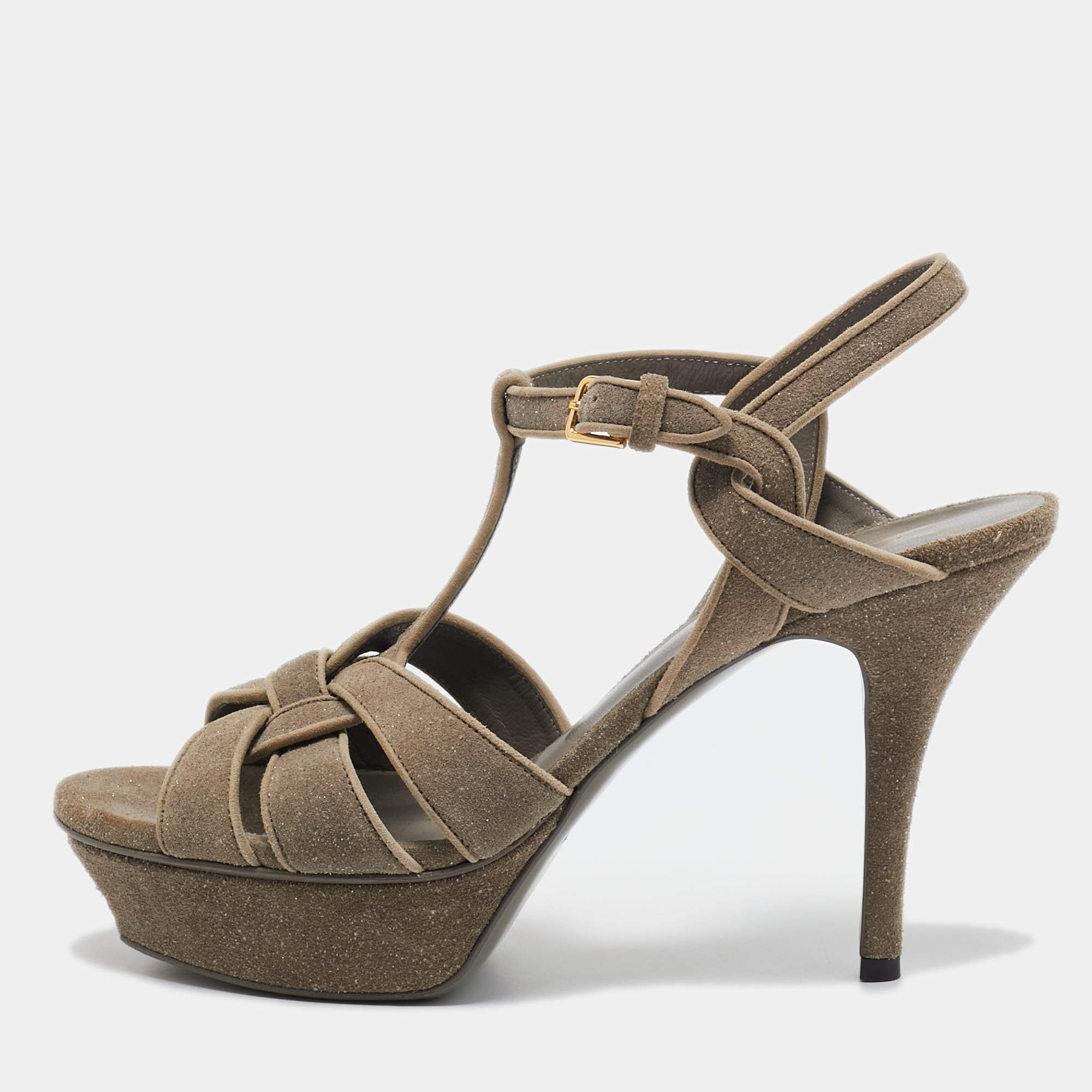 Saint Laurent Grey Coarse Glitter Suede Tribute Platform Sandals Size 39