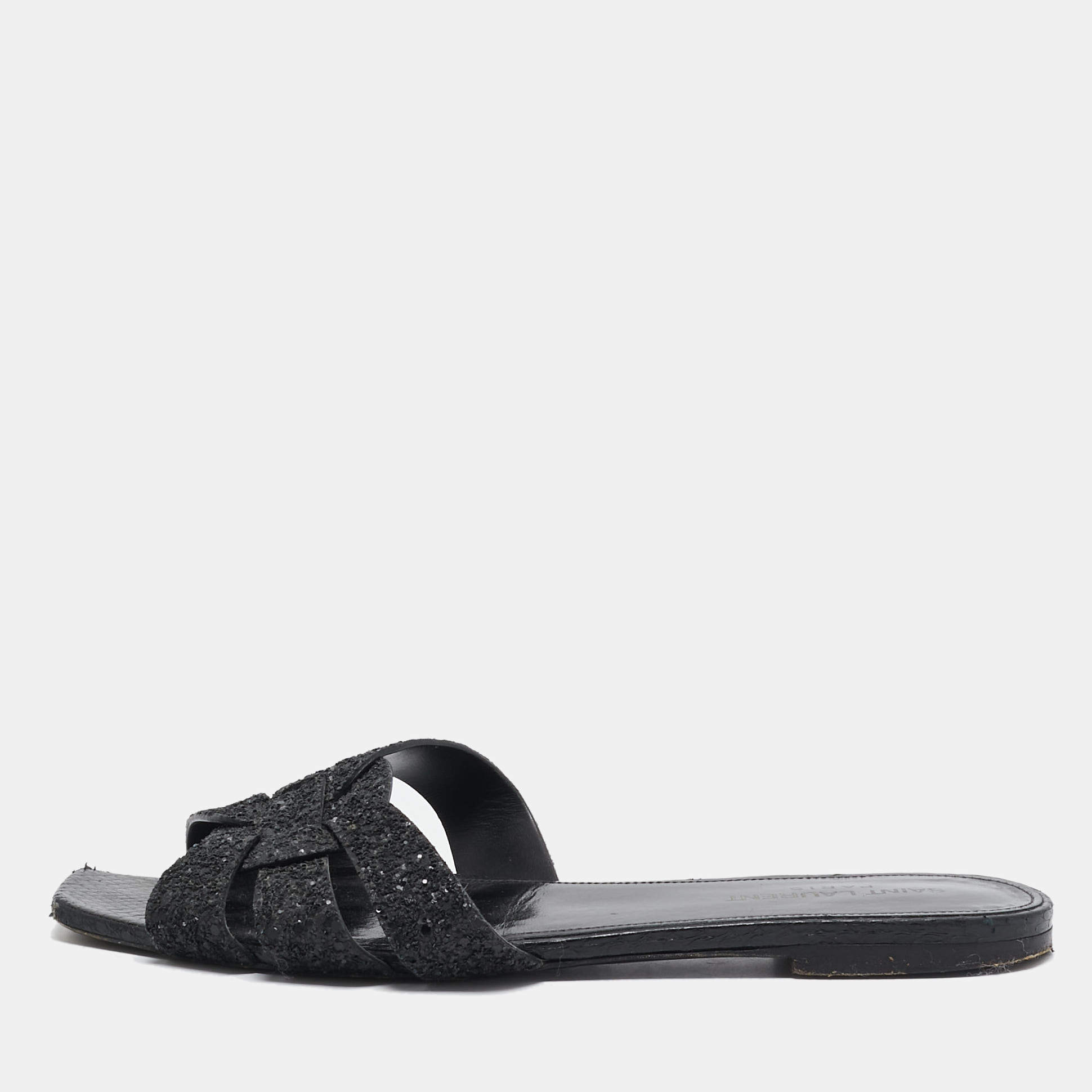 Pre Owned Saint Laurent Black Glitter and Ayers Tribute Flat Slides Size 38.5