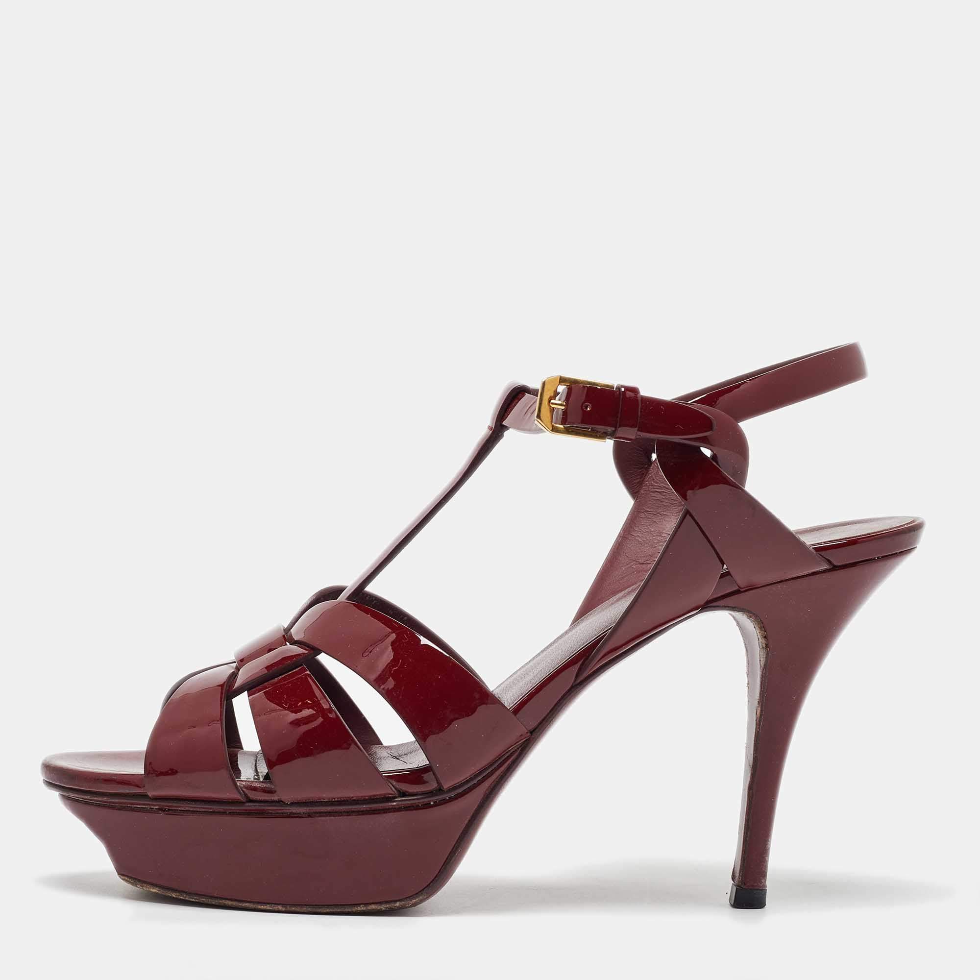 مملوكة مسبقًا Saint Laurent Burgundy Patent Leather Tribute Platform Sandals Size 39