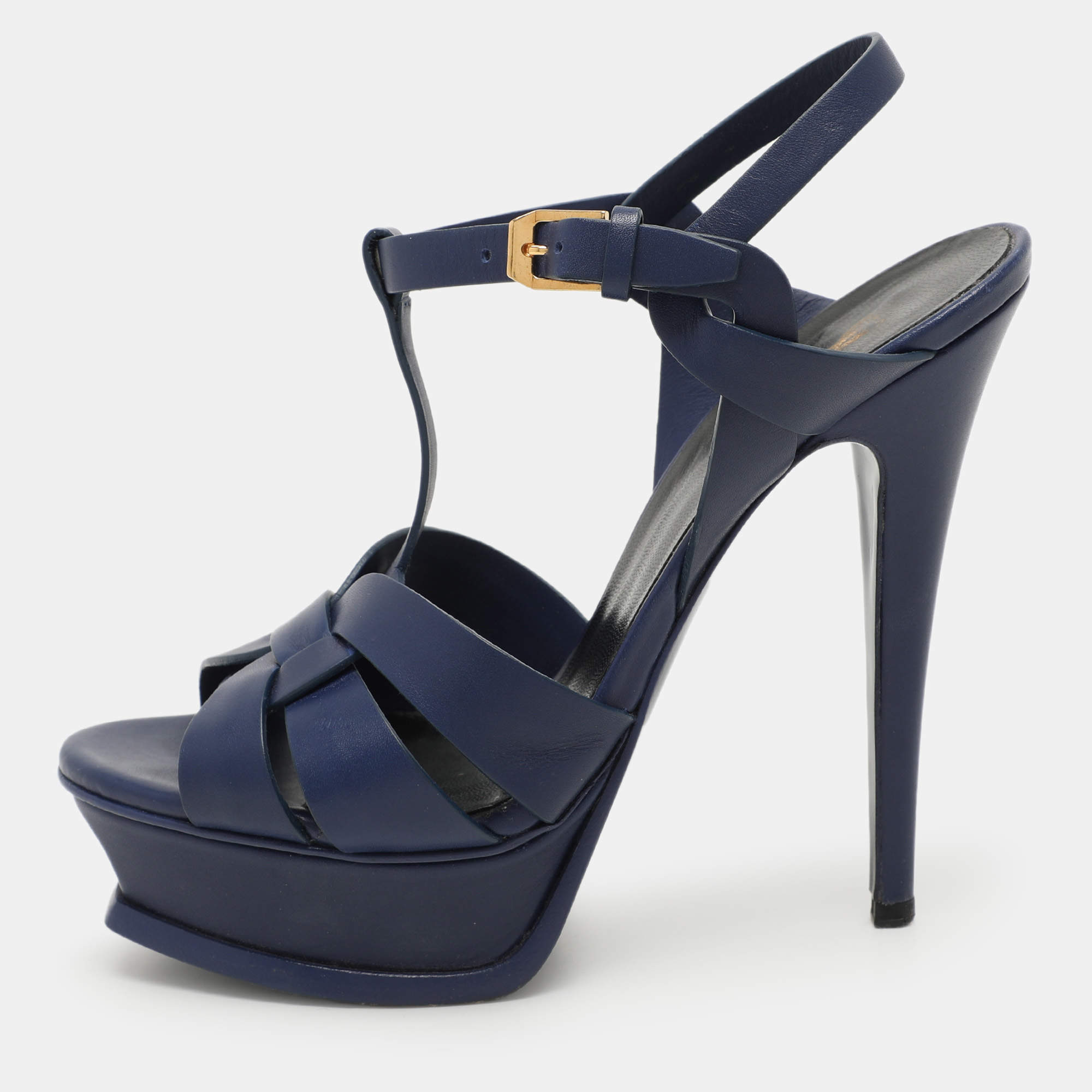 مملوكة مسبقًا Saint Laurent Blue Leather Tribute Platform Ankle Strap Sandals Size 37