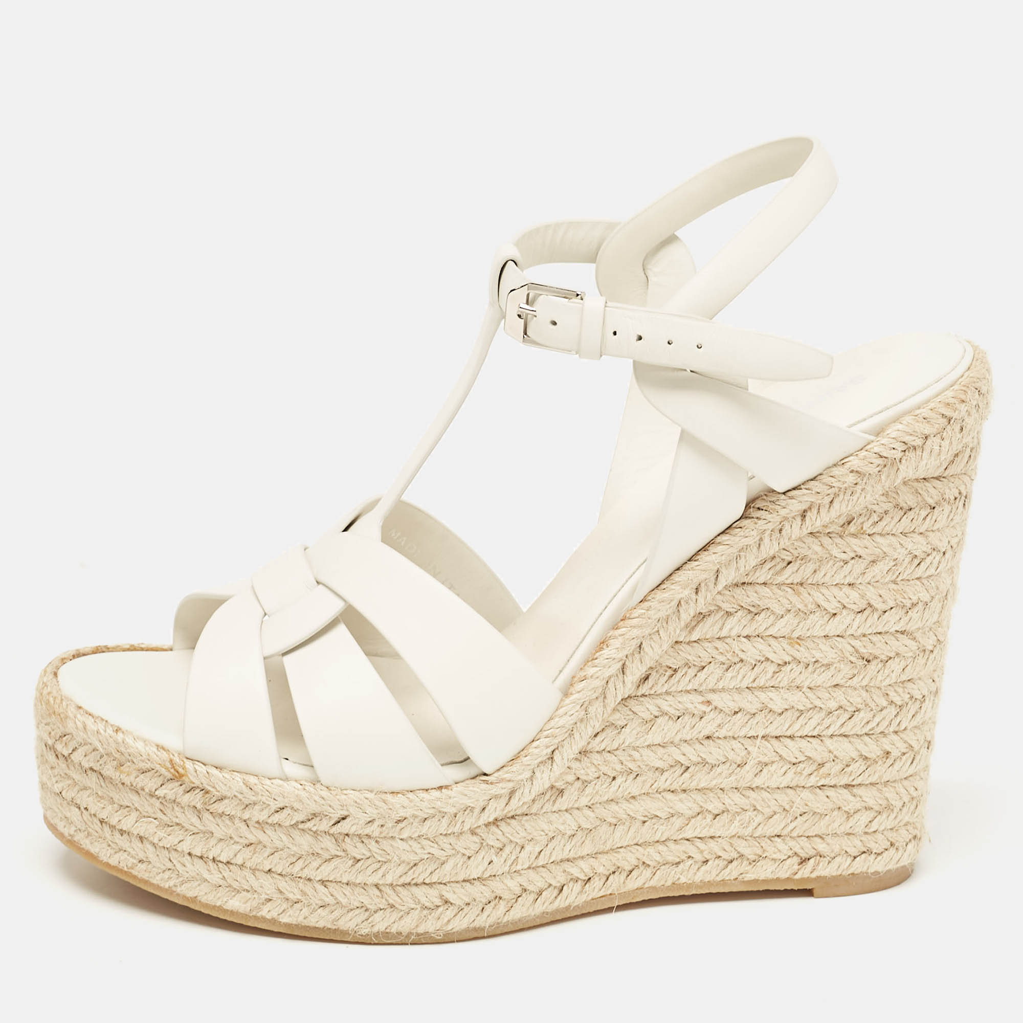 مملوكة مسبقًا صندل إسبادريل سان لوران تريبوت جلد أبيض كعب روكي نعل سميك مقاس 39.5