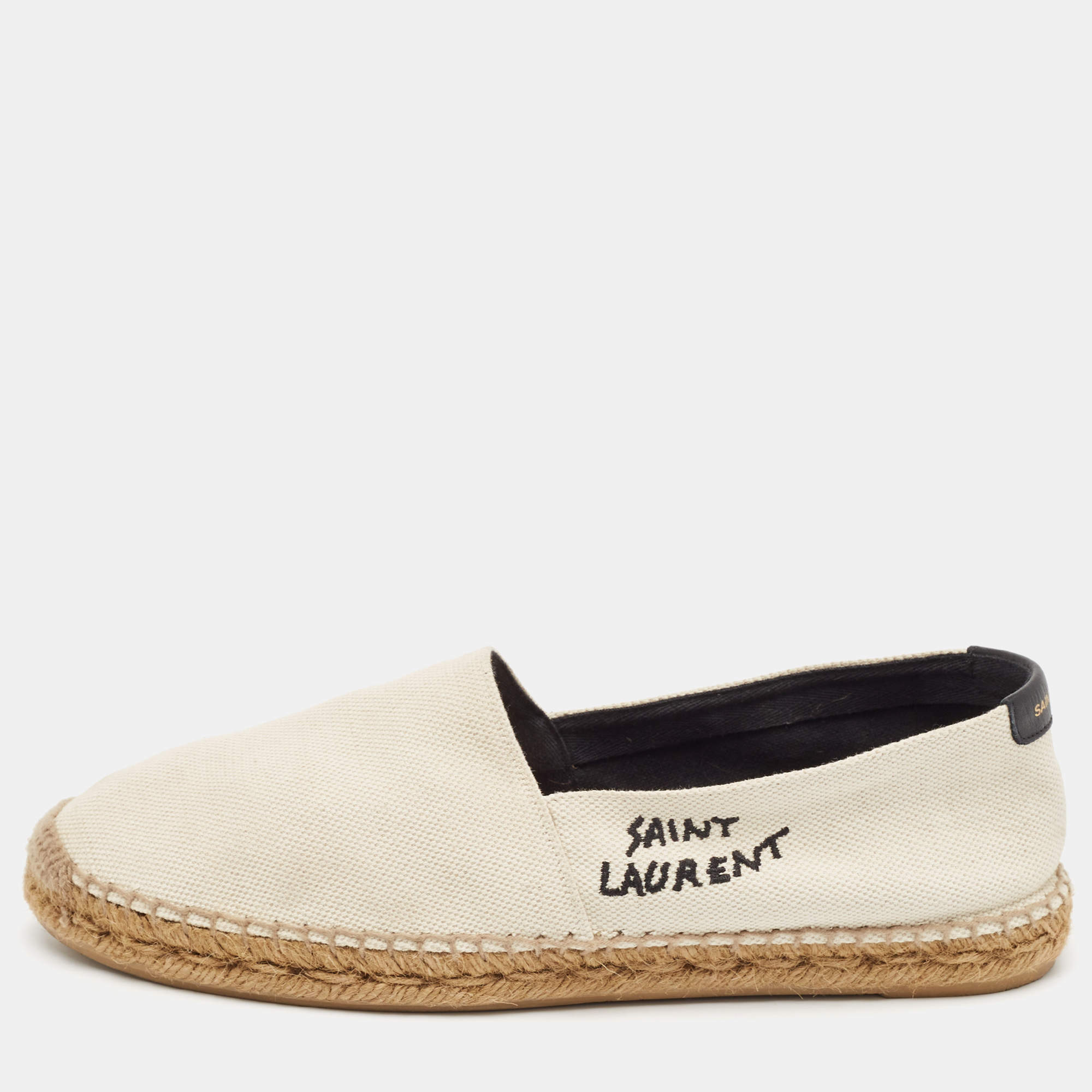 Pre Owned Saint Laurent Off White Canvas Embroidered Logo Espadrille Flats Size 40
