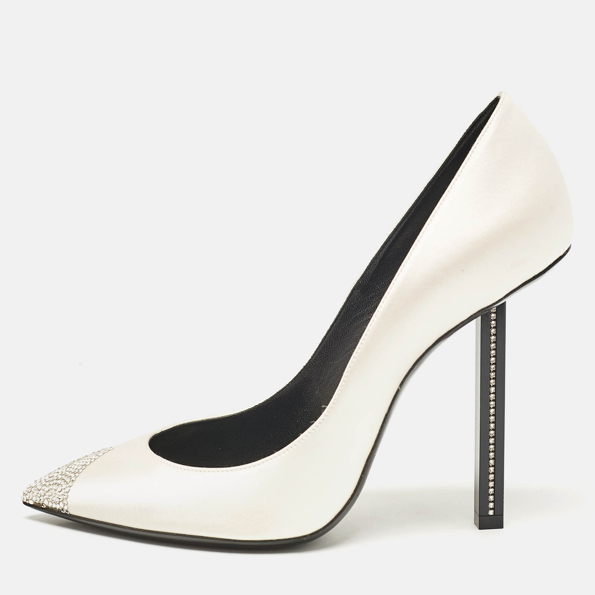 Saint Laurent Grey Satin Crystal Embellished Pointed Toe Pumps Size 39