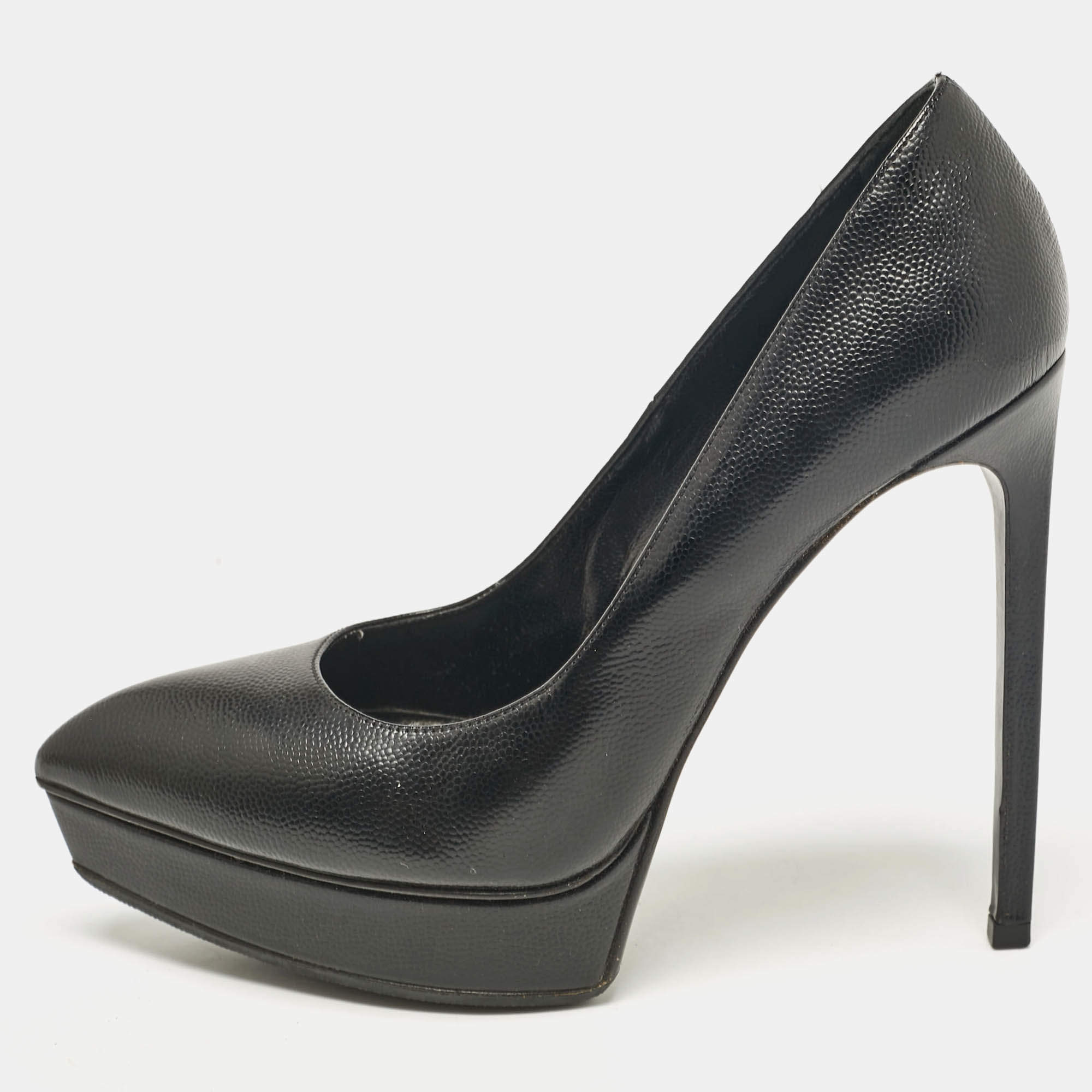 Saint Laurent Black Leather Janis Pointed Toe Platform Pumps Size 37.5
