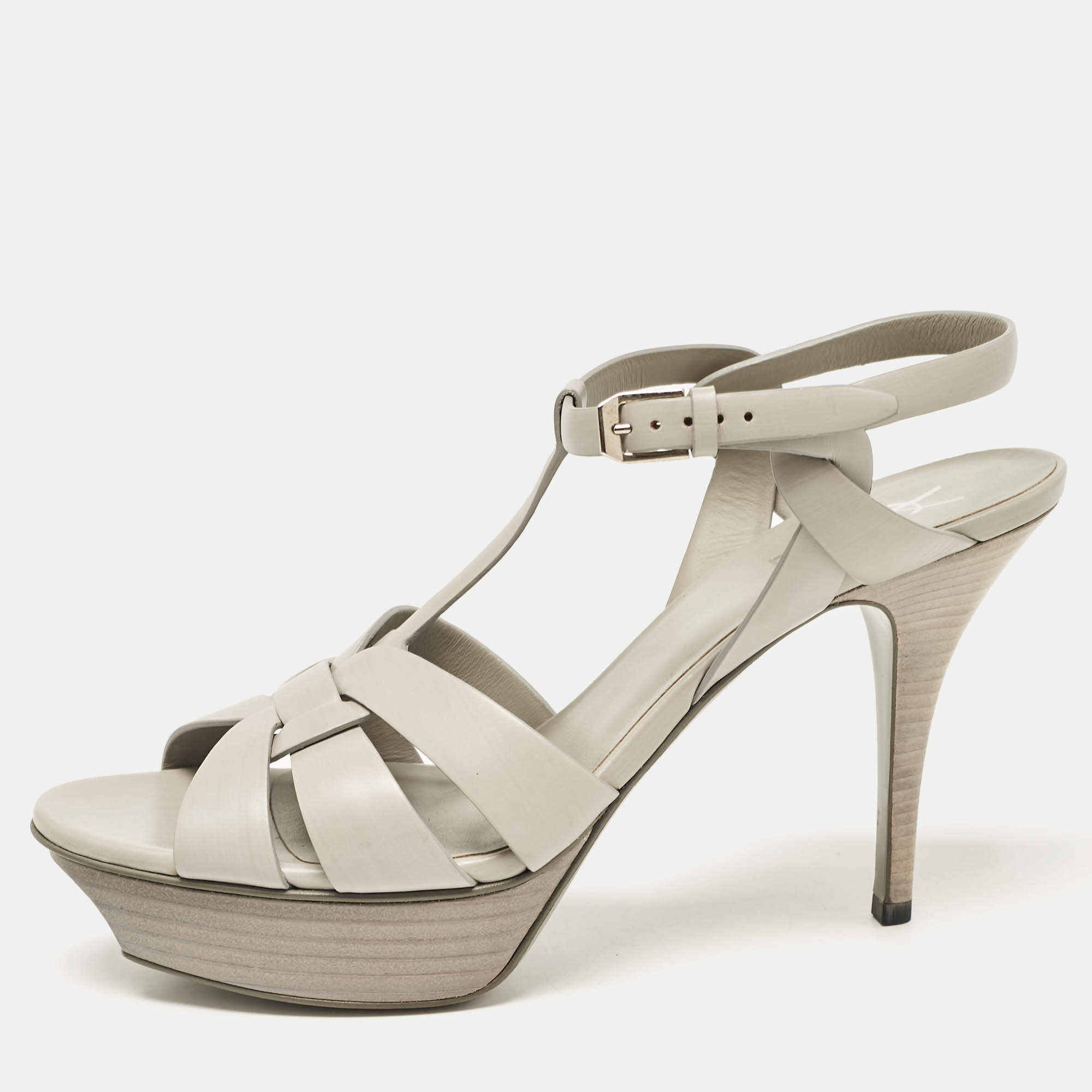 Pre Owned Saint Laurent Light Grey Leather Tribute Platform Sandals Size 40.5
