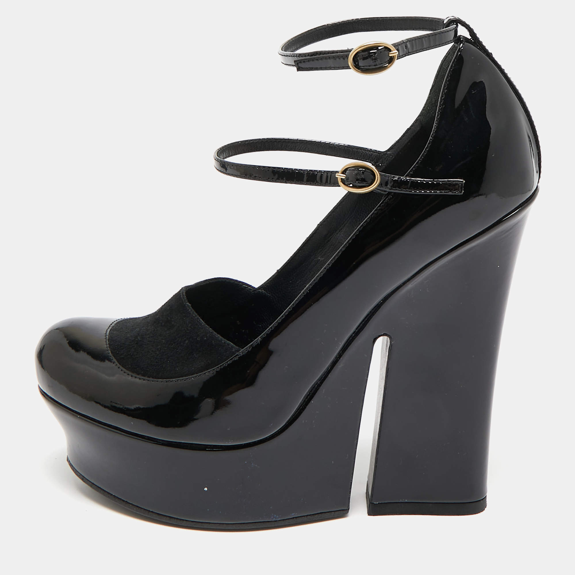 Saint Laurent Black Patent Leather Block Heel Pumps Size 36