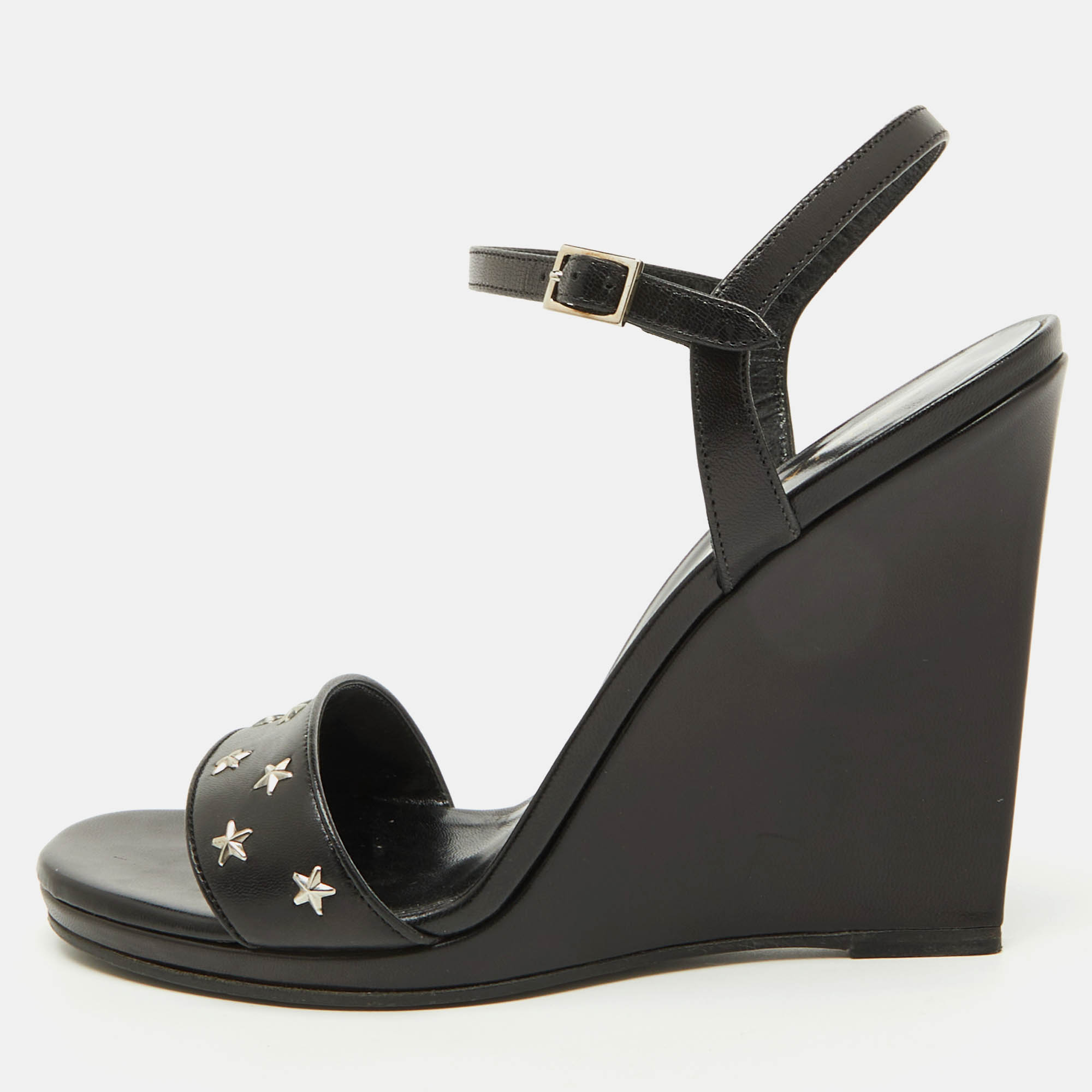 Saint Laurent Black Stars Leather Ankle Strap Wedge Sandals Size 39.5