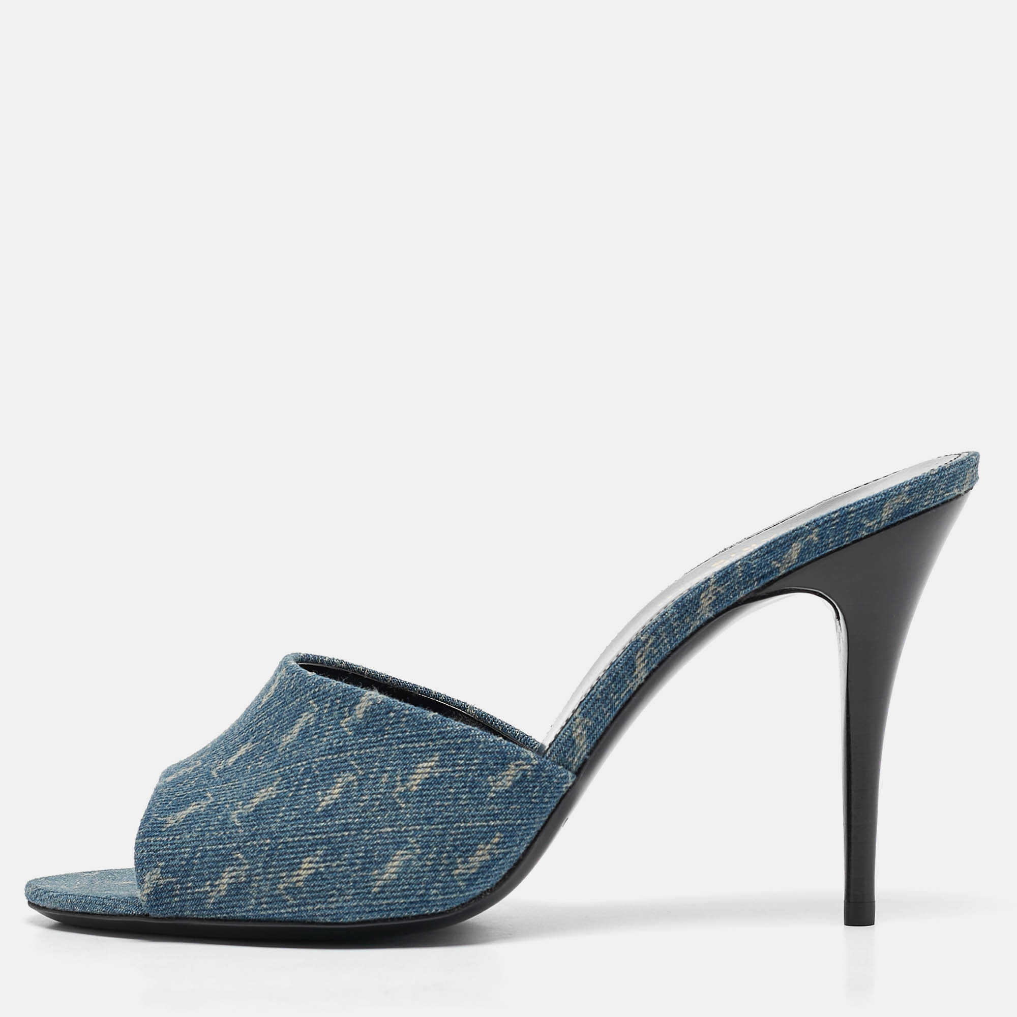 Saint Laurent Blue Monogram Denim LA 16 Slide Sandals Size 39