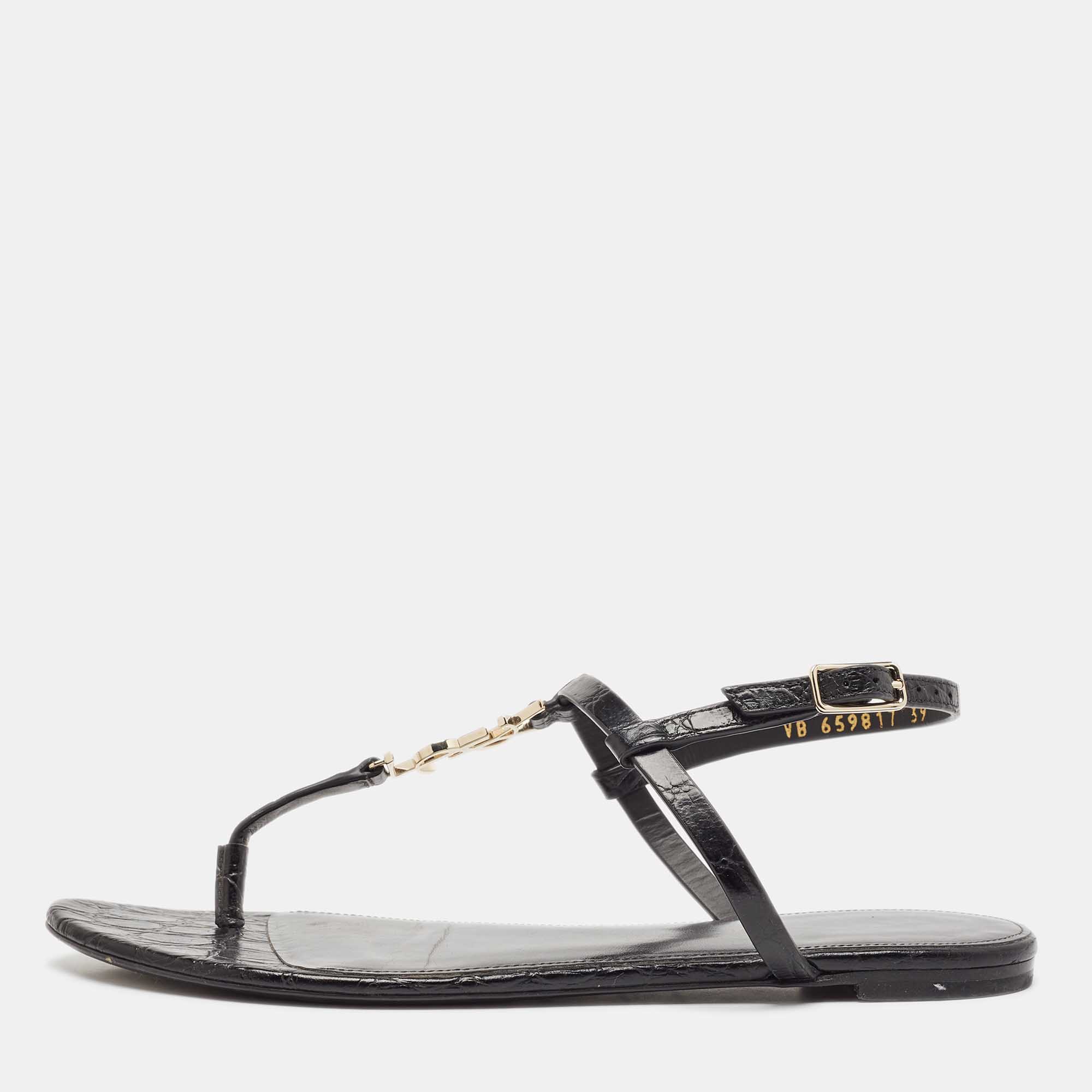 Saint Laurent Black Croc Embossed Leather Cassandra Flat Sandals Size 39