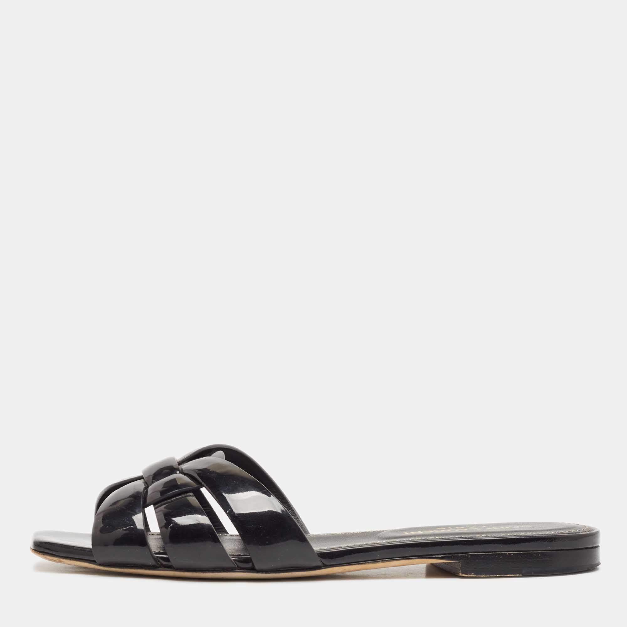 Pre Owned Saint Laurent Black Patent Leather Tribute Flat Slides Size 36