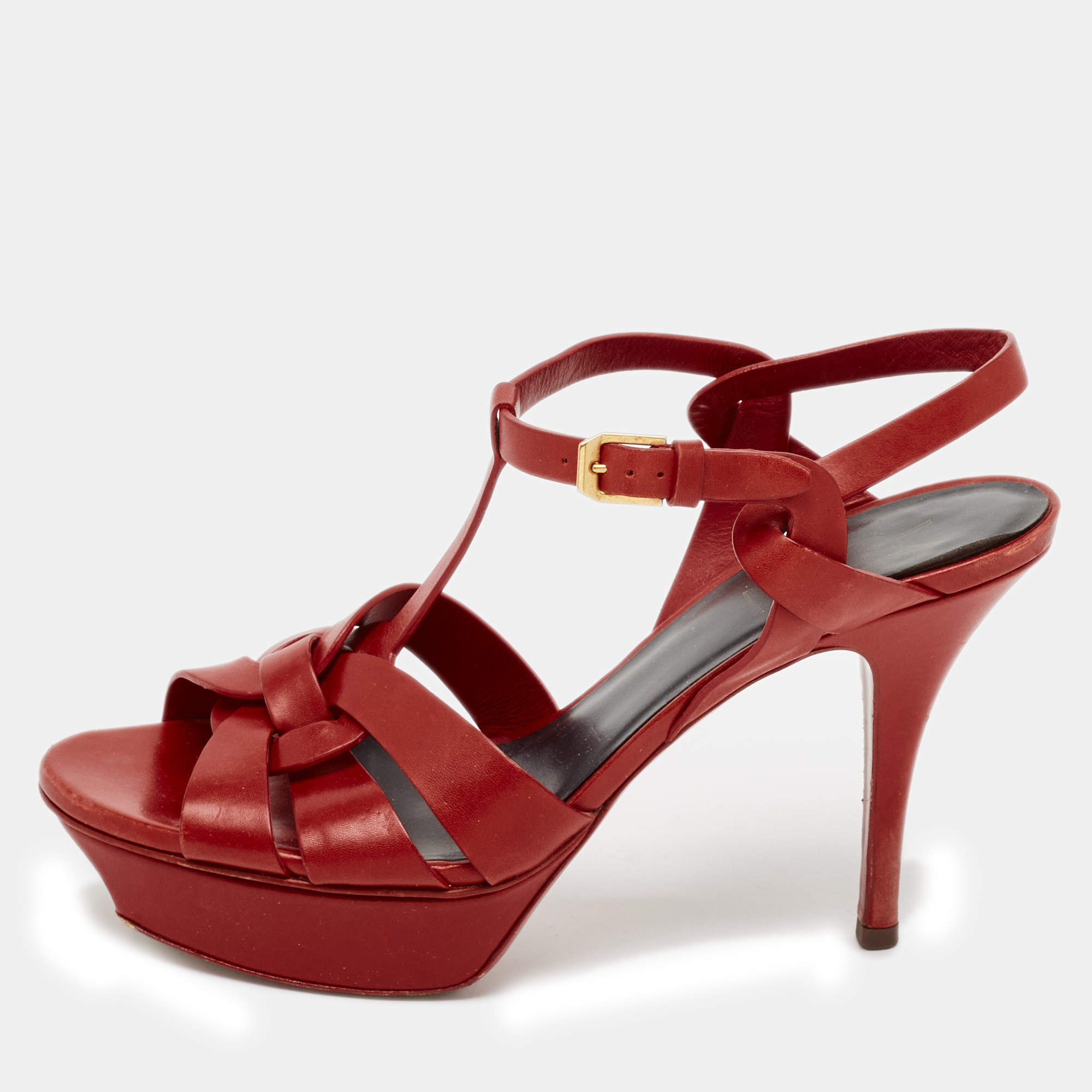 مملوكة مسبقًا Saint Laurent Red Leather Tribute Platform Sandals Size 38