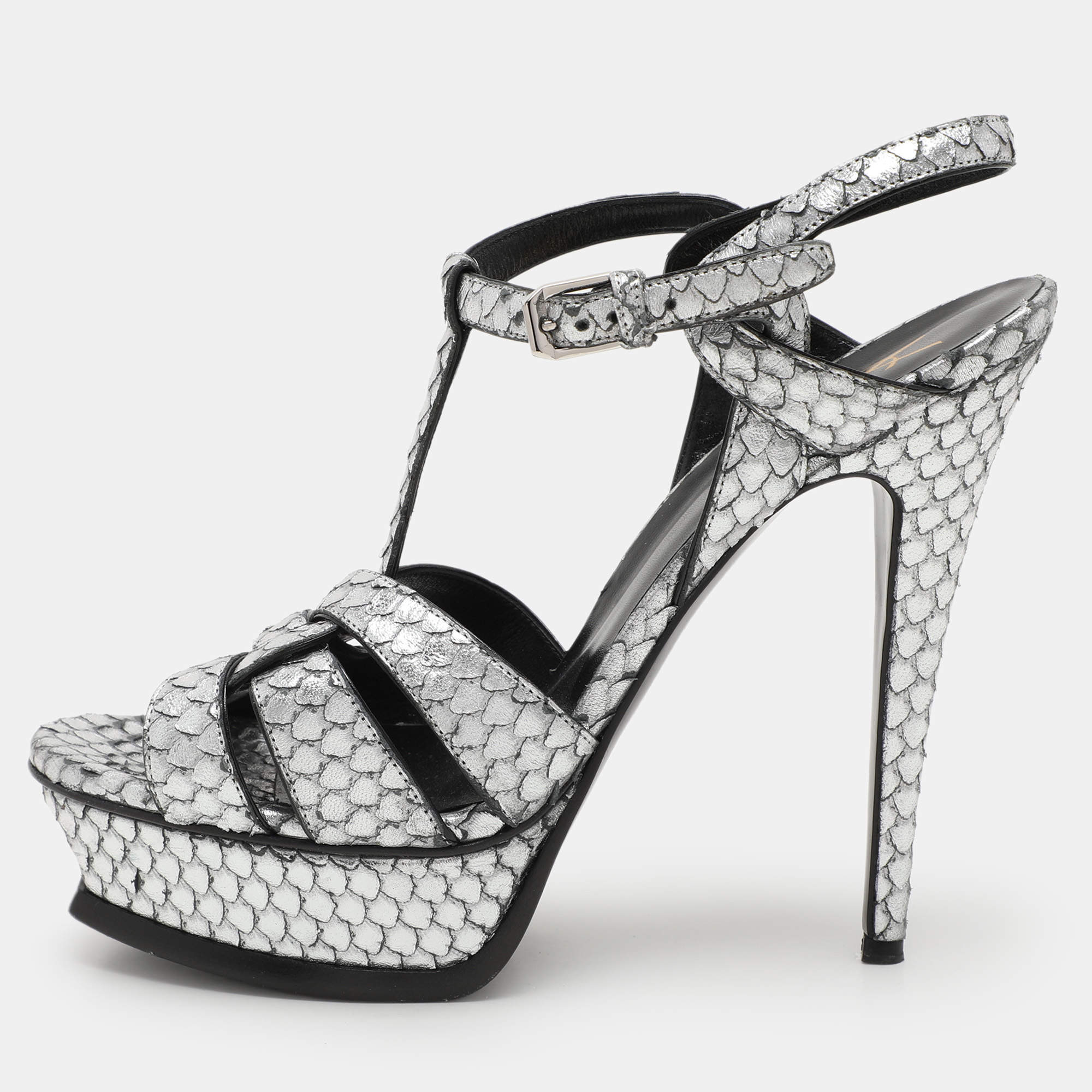 مملوكة مسبقًا Saint Laurent Paris Silver Python Embossed Leather Tribute Platform Sandals Size 38.5