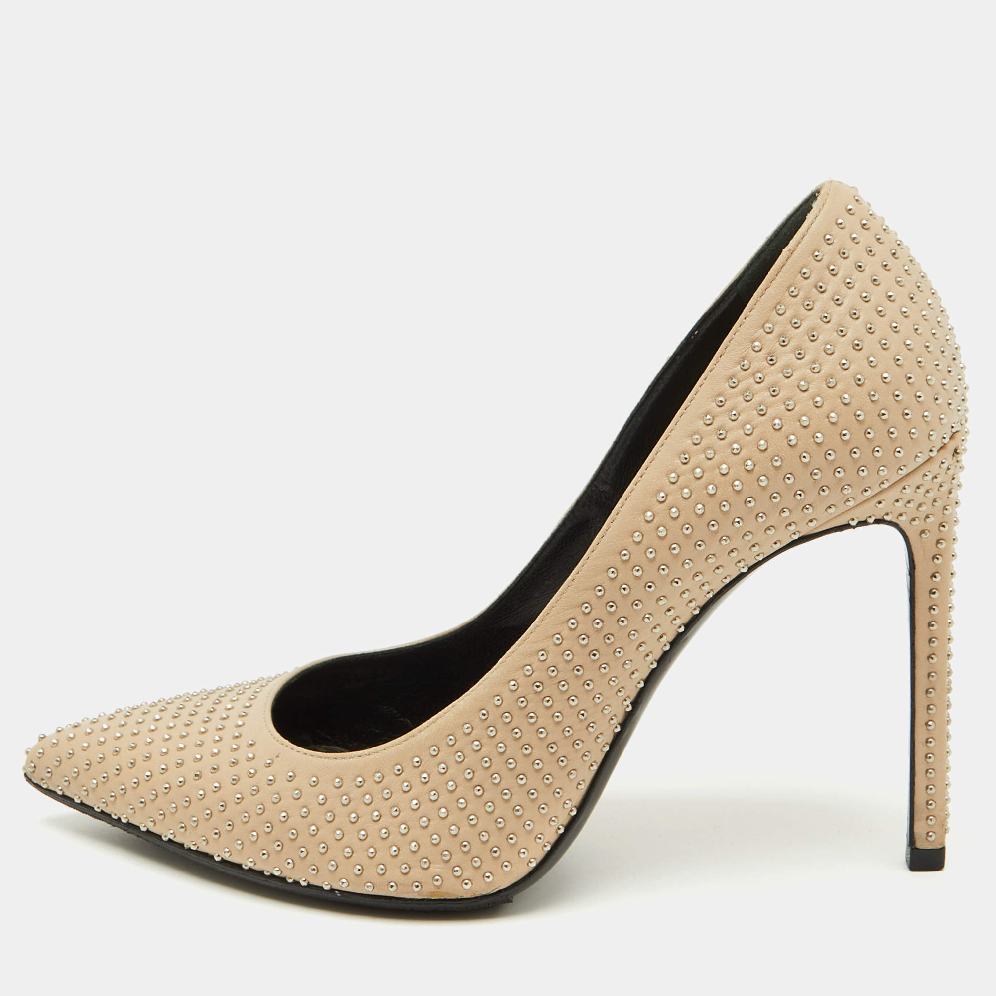 Saint Laurent Beige Leather Studded Pointed Toe Pumps Size 38.5