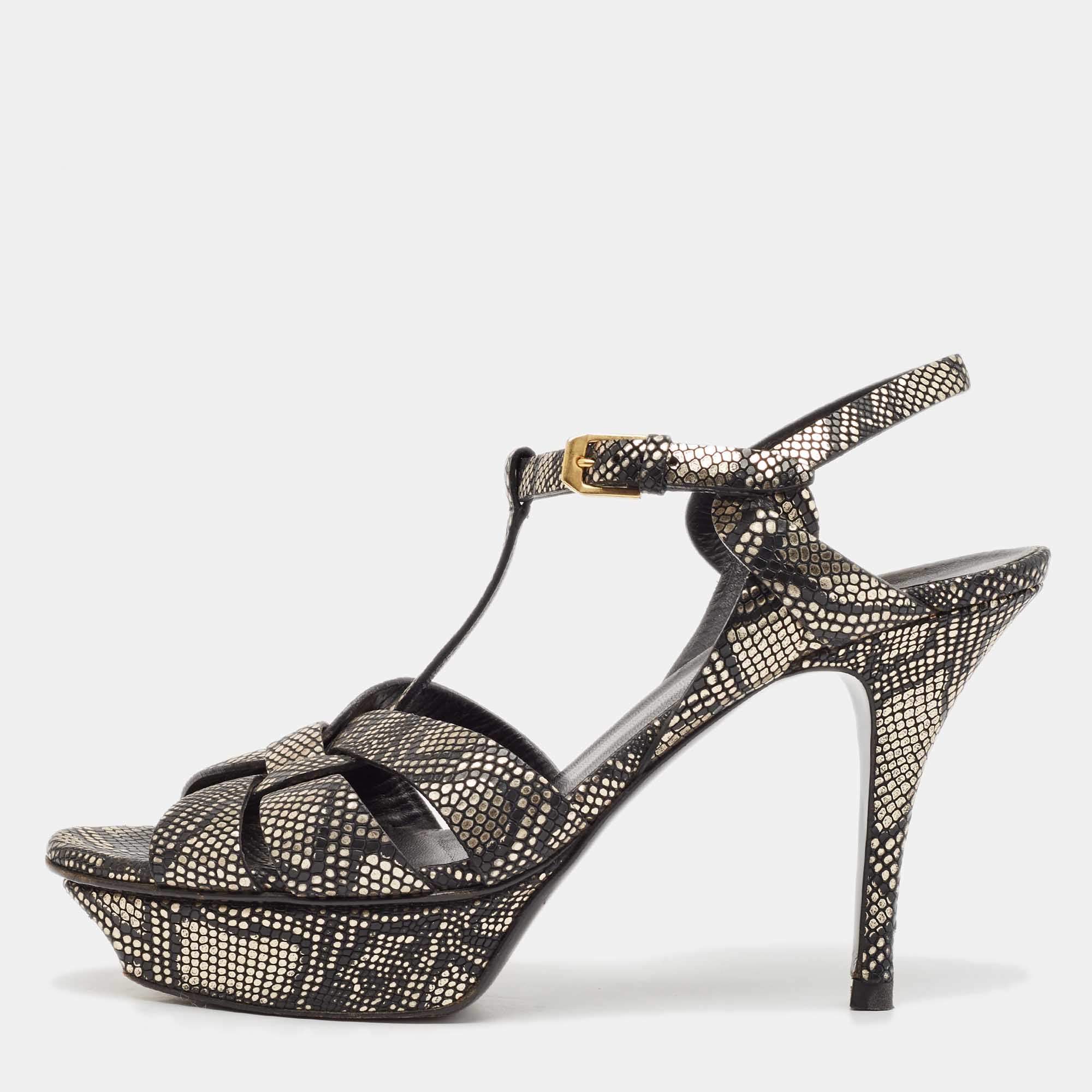 Saint Laurent Black/Gold Textured Leather Tribute Sandals Size 39.5