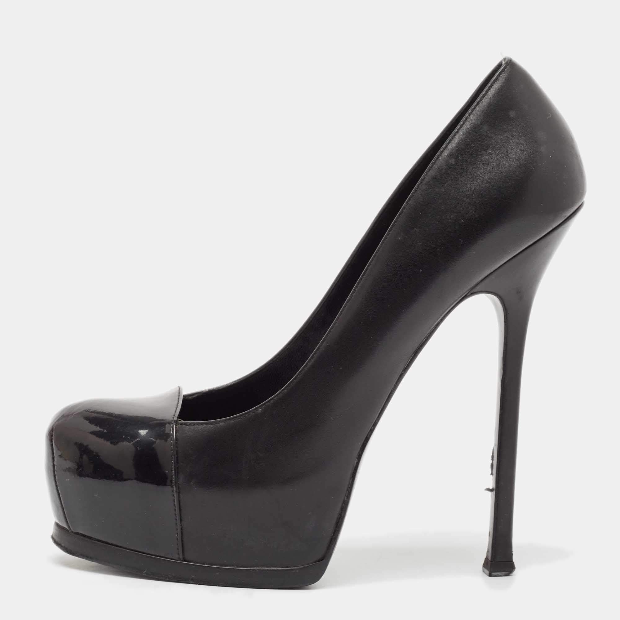 Saint Laurent Black Leather and Patent Leather Tribtoo Platform Pumps Size 40