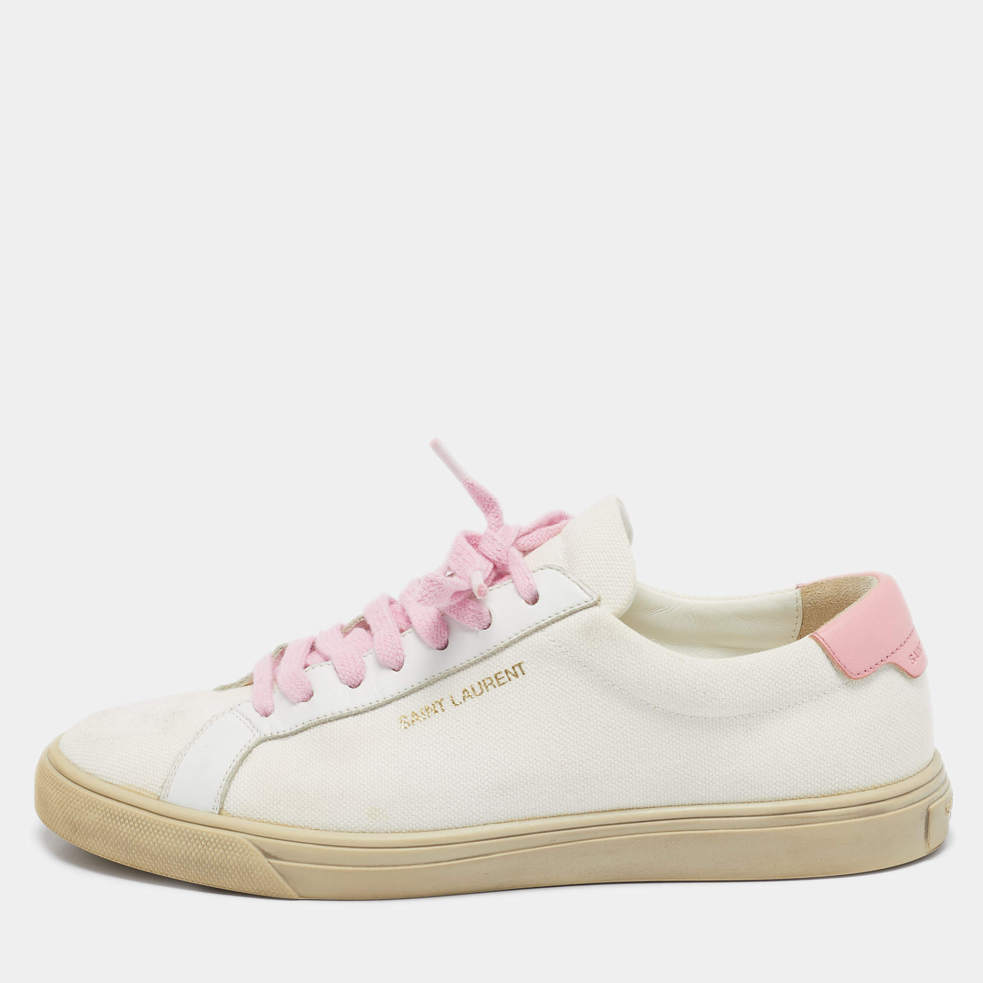 Saint Laurent Off White/Pink Canvas and Leather Andy Low Top Sneakers Size 38.5