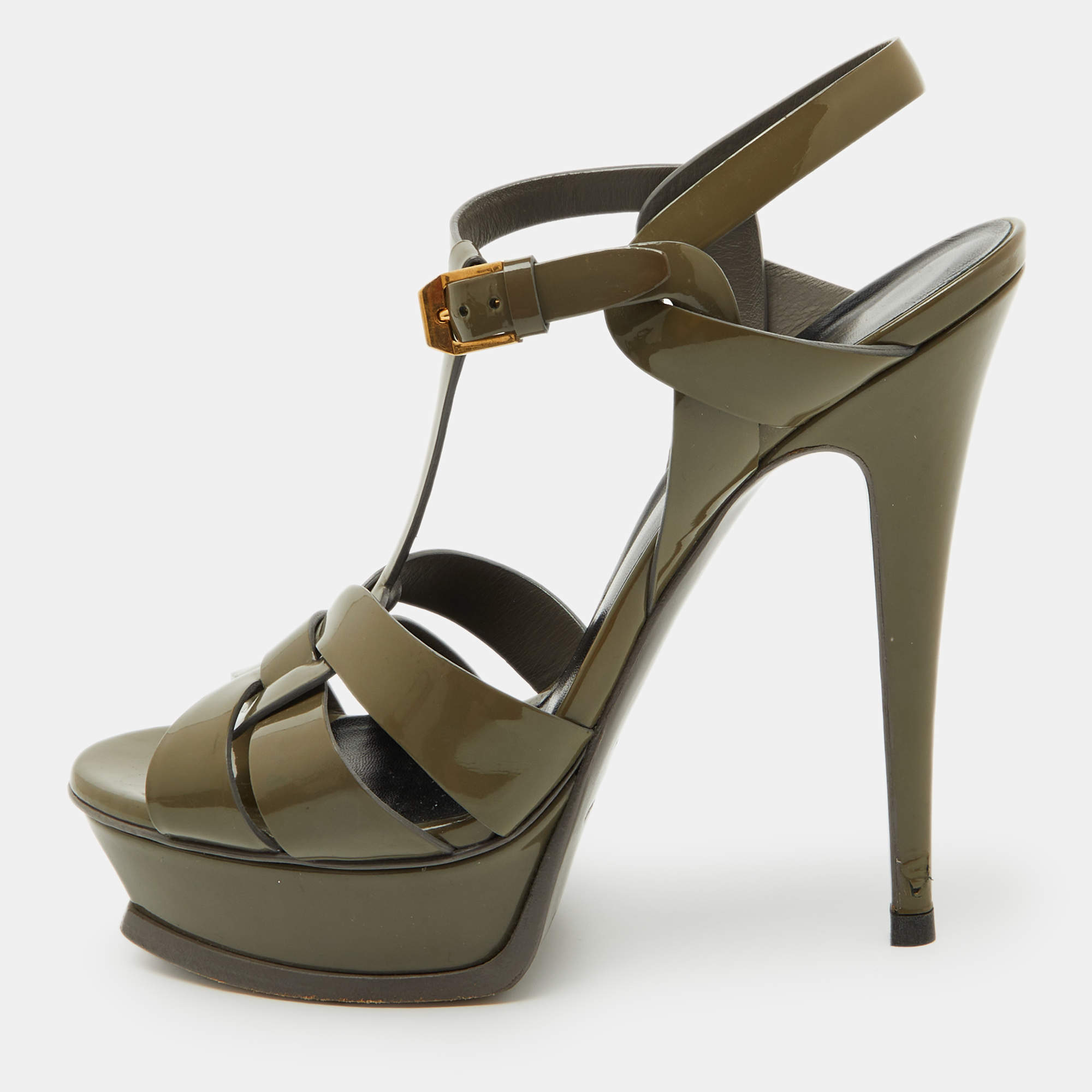 Pre Owned Saint Laurent Olive Green Patent Leather Tribute Platform Sandals Size 38