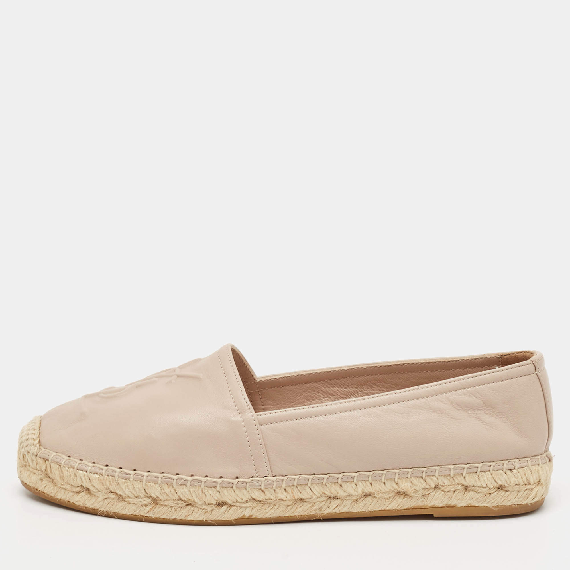 Saint Laurent Beige Leather Cassandre Espadrille Flats Size 35.5