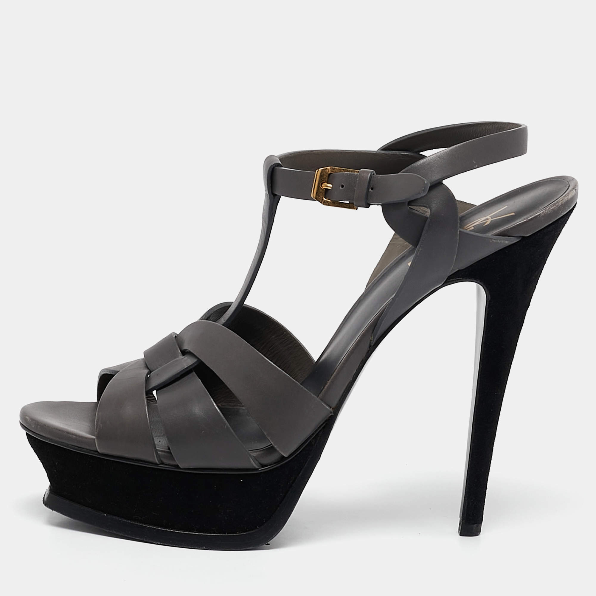 Saint Laurent Grey Leather Tribute Sandals Size 39.5