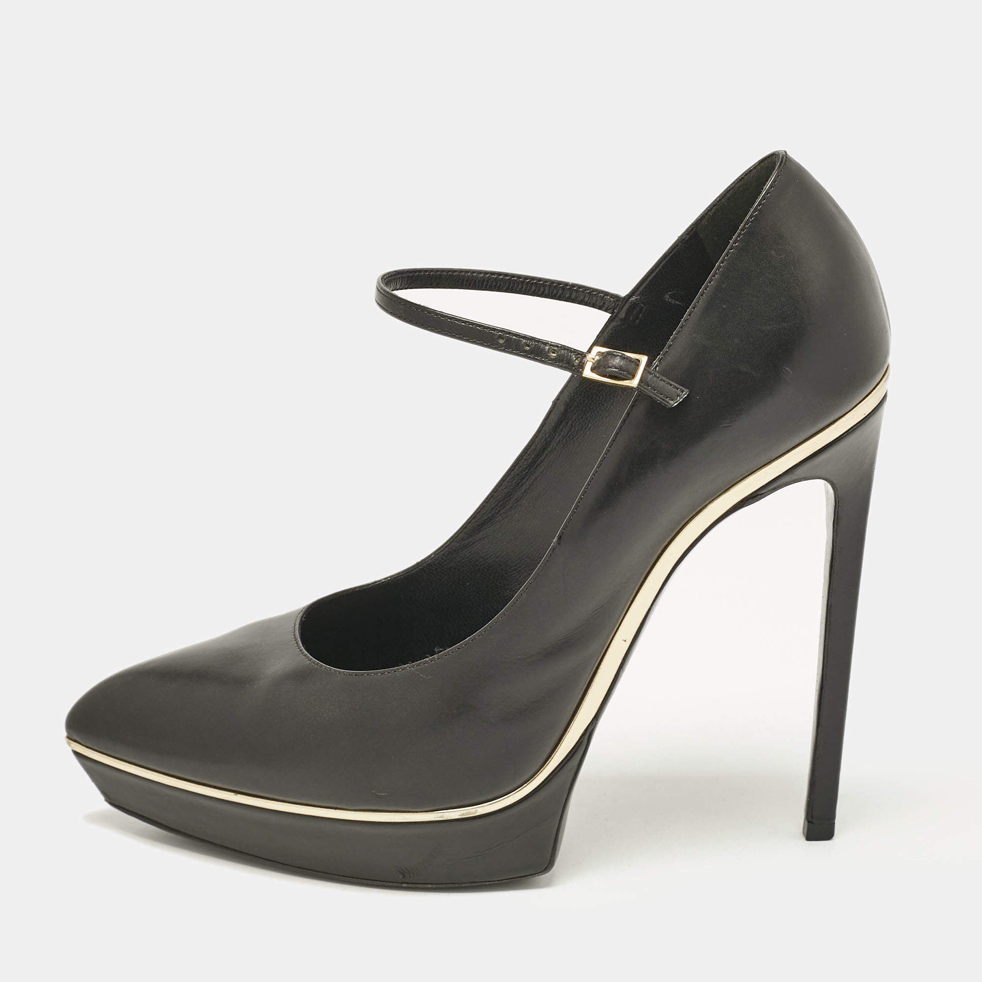 Saint Laurent Black Patent Leather Pointed Toe Ankle Strap Platform Pumps Size 40.5