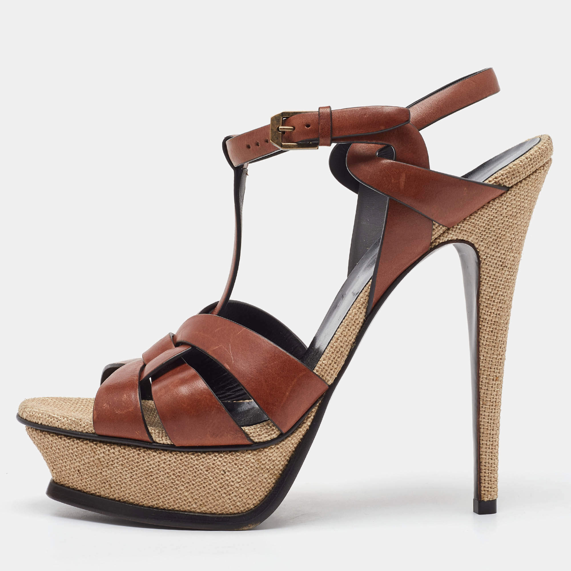 Saint Laurent Brown Leather Tribute Platform Sandals Size 41
