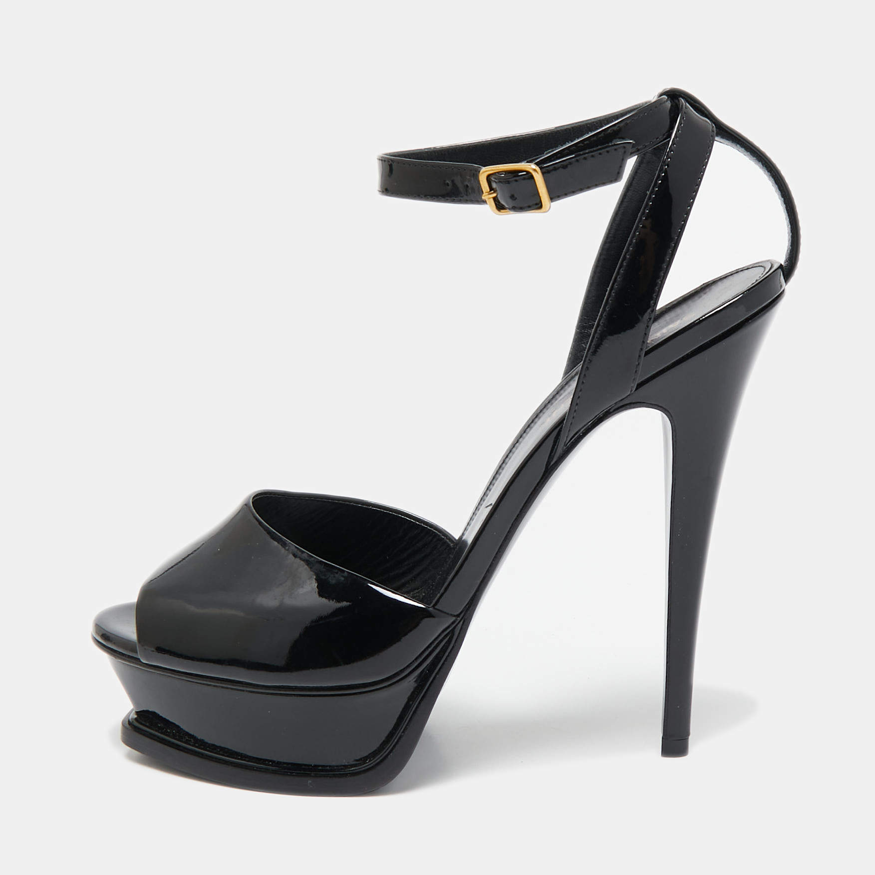 Saint Laurent Black Patent Leather Jodie Platform Ankle Strap Sandals Size 40