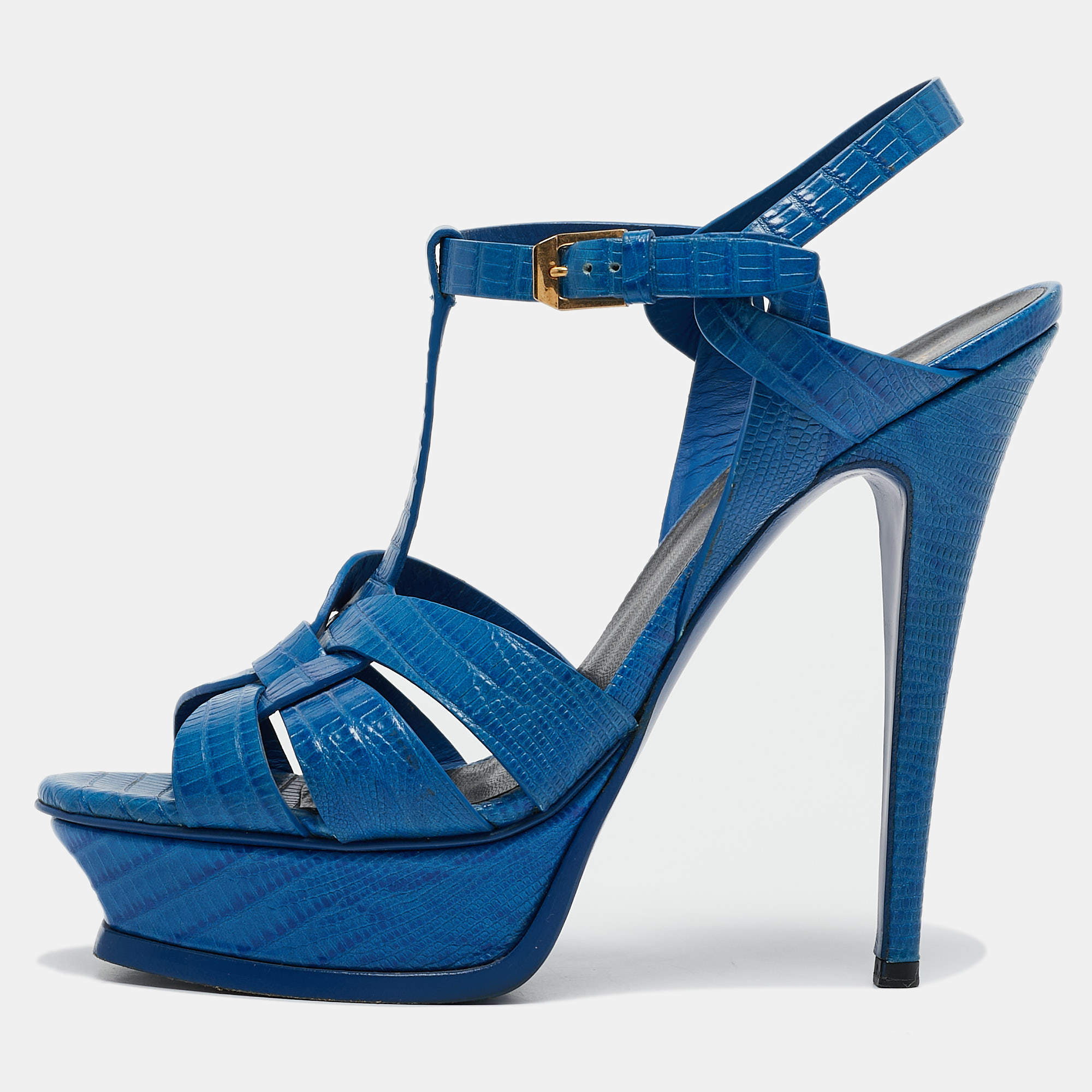 Pre Owned Saint Laurent Blue Lizard Embossed Leather Tribute Platform Sandals Size 38