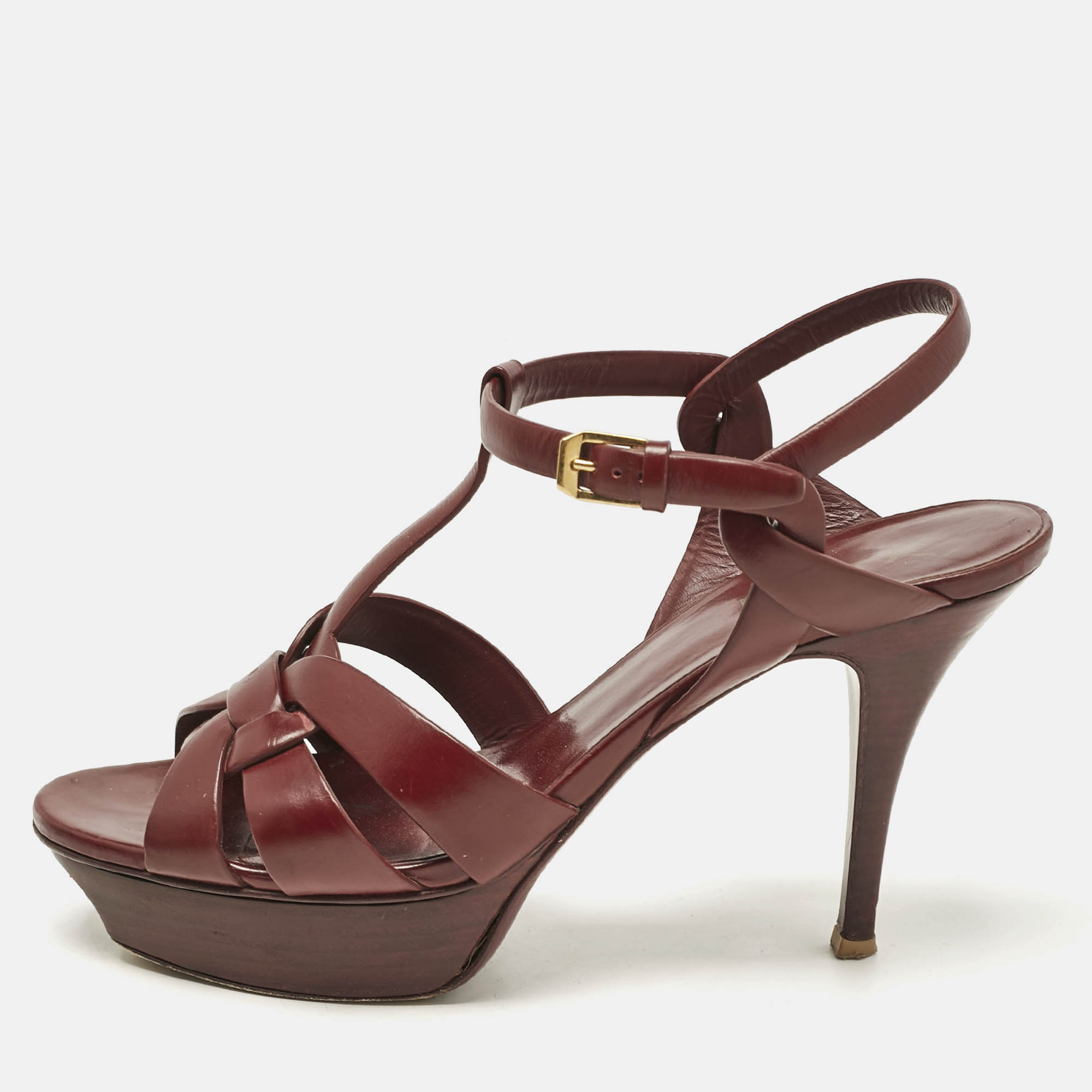 Saint Laurent Burgundy Leather Tribute Platform Sandals Size 40