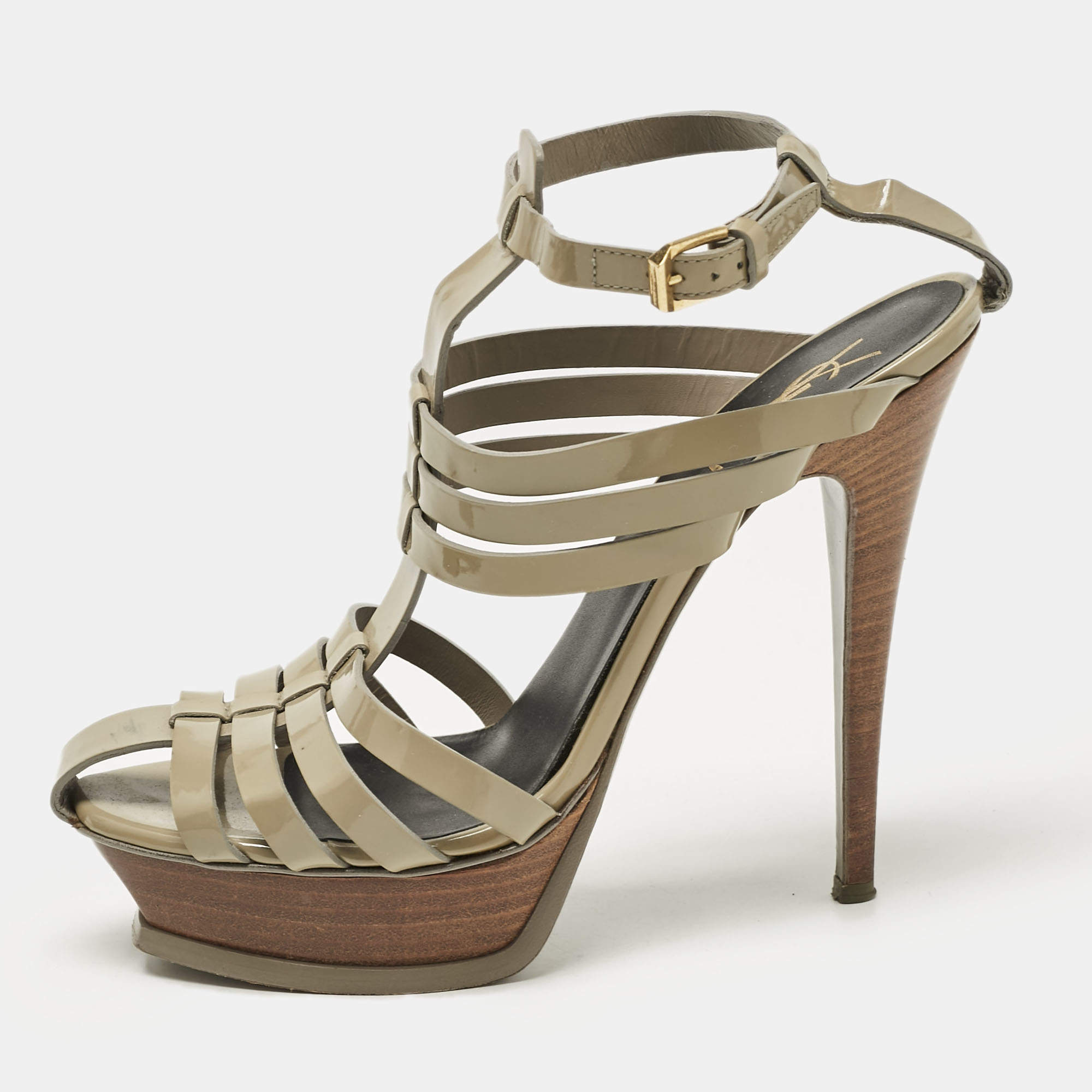 Saint Laurent Green Patent Leather Ankle Strap Sandals Size 39.5