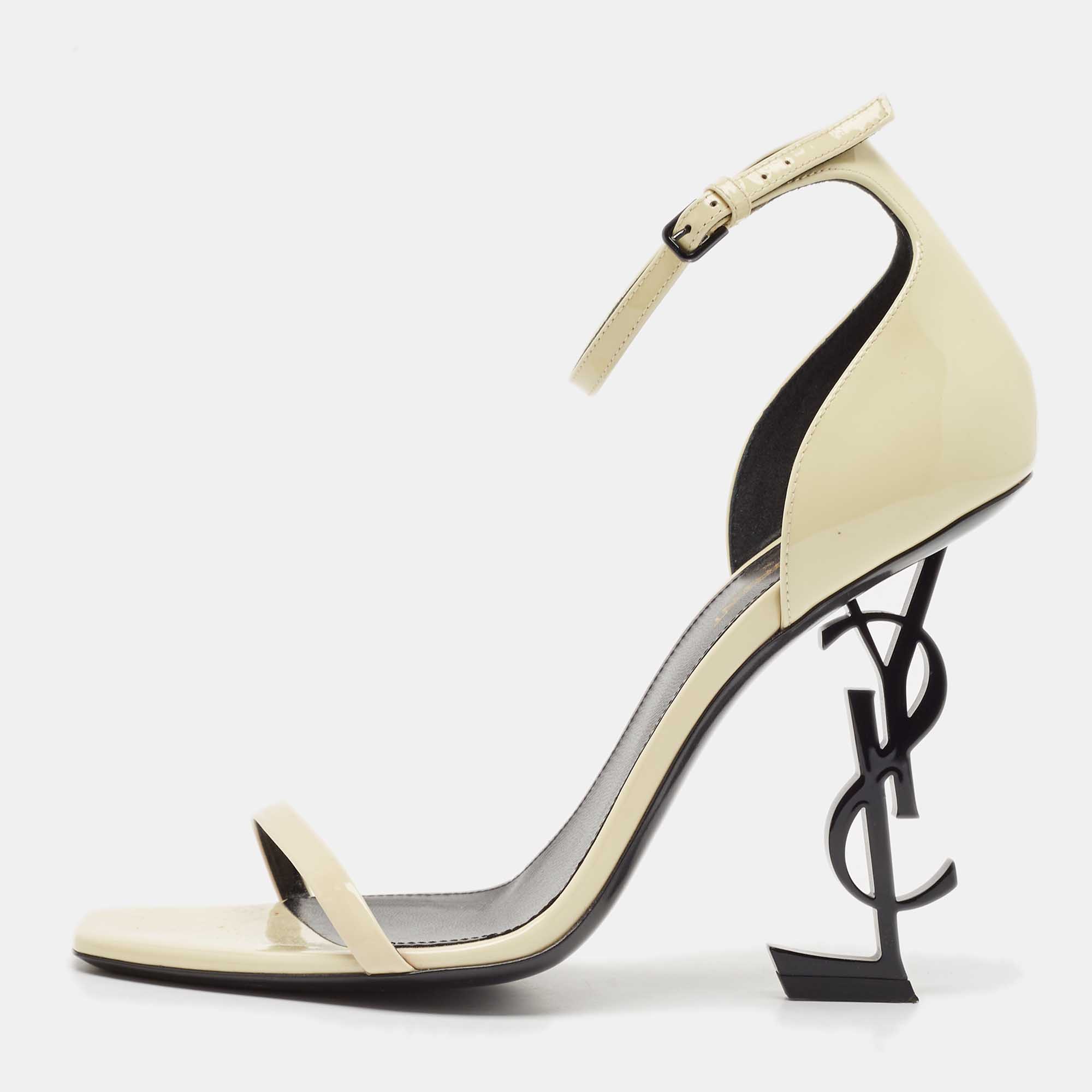 Pre Owned Saint Laurent Cream Patent Leather Opyum Ankle Strap Sandals Size 39