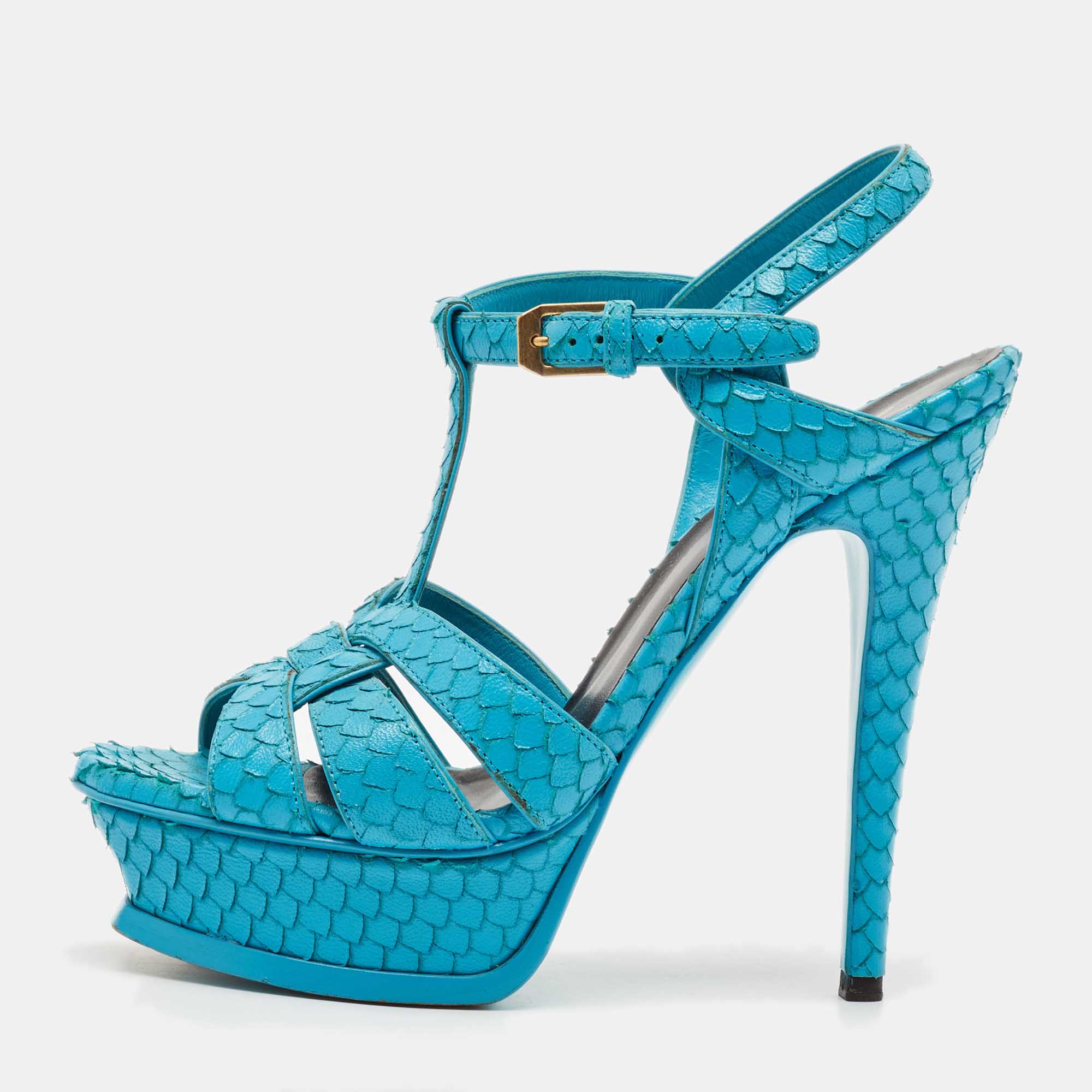 Pre Owned Saint Laurent Turquoise Blue Python Tribute Sandals Size 36